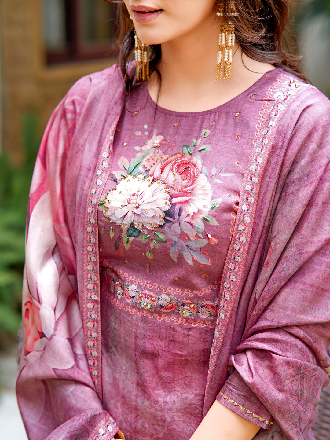 Hand Embroidered & Digital printed Muslin kurta with pant &  Printed Dupatta