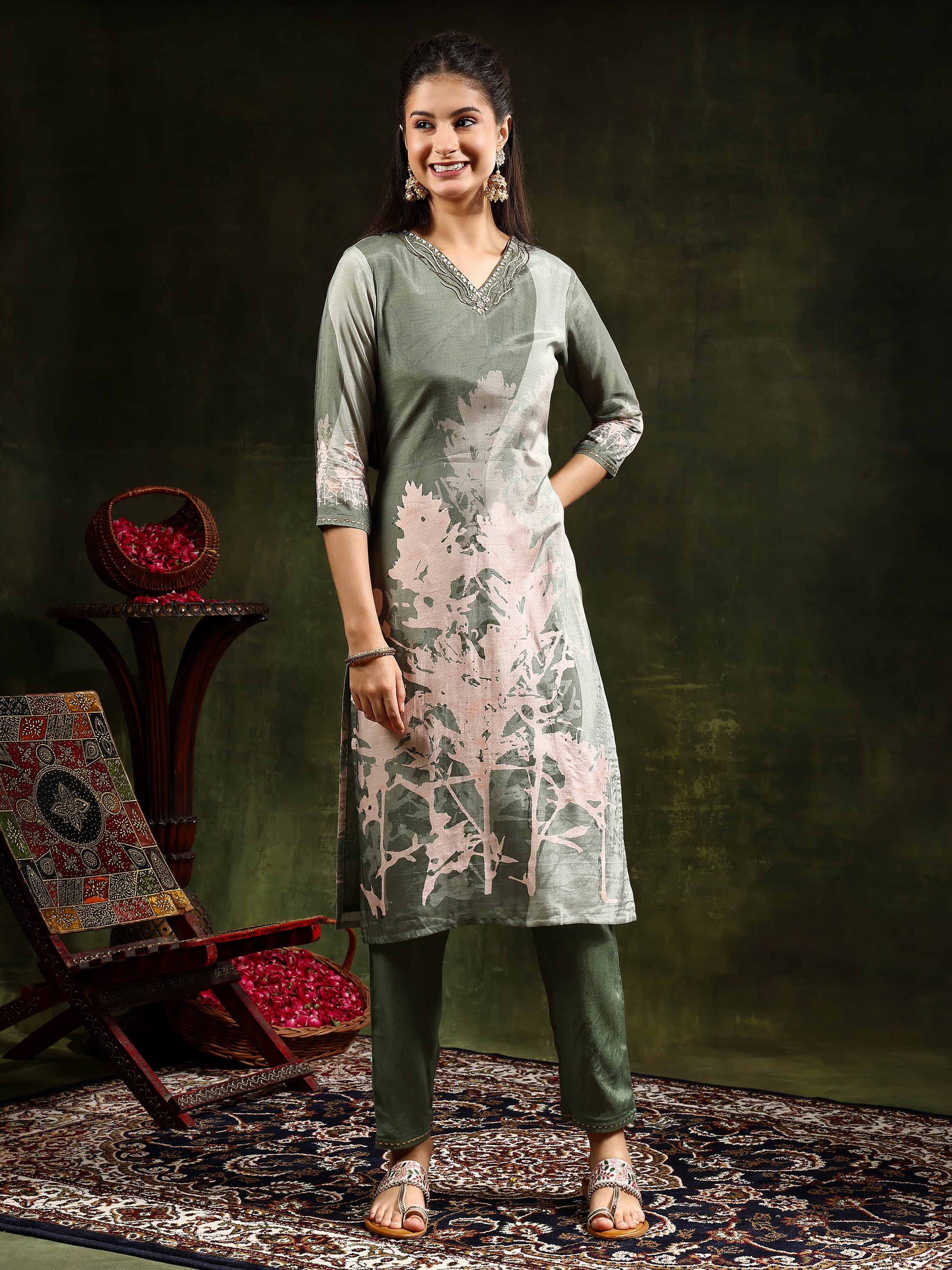 Hand Embroidered & Digital Printed Muslin Kurta with pant & Printed Dupatta