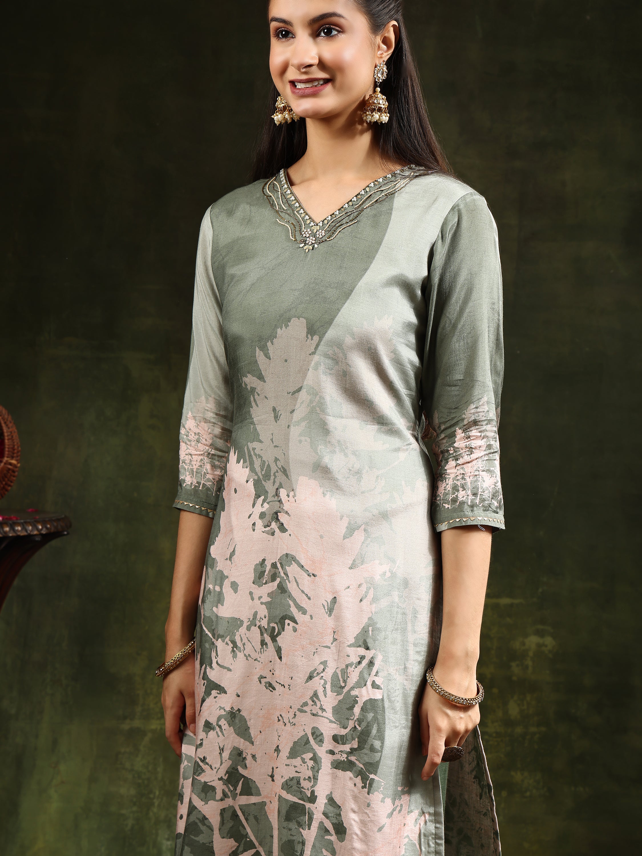 Hand Embroidered & Digital Printed Muslin Kurta with pant & Printed Dupatta