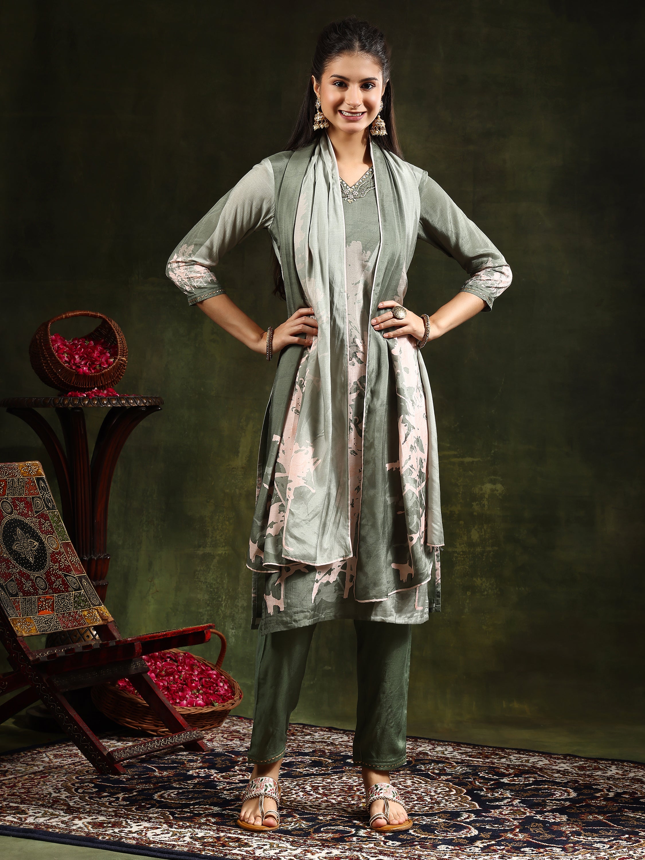 Hand Embroidered & Digital Printed Muslin Kurta with pant & Printed Dupatta