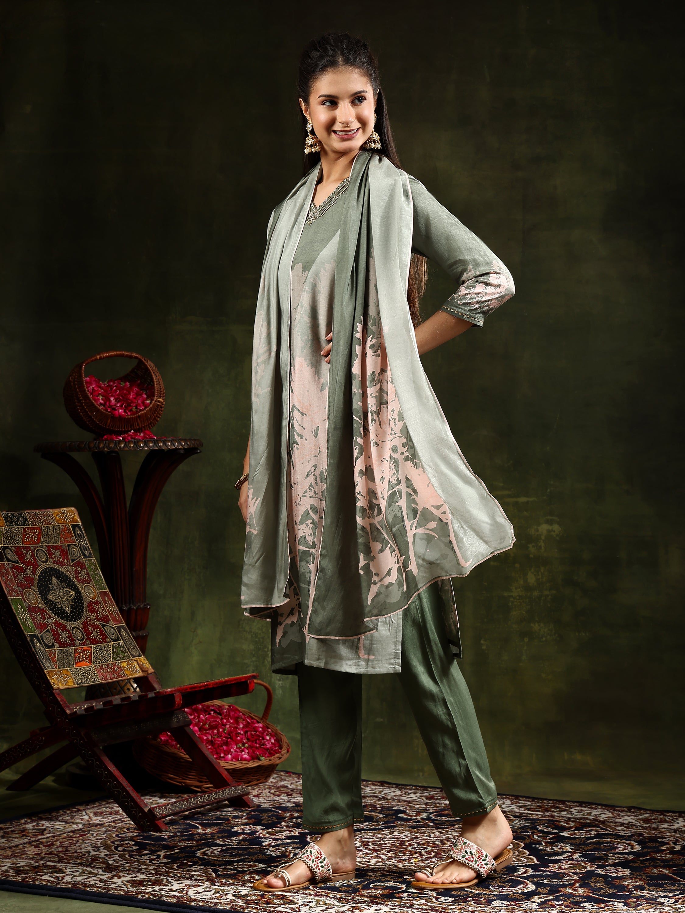 Hand Embroidered & Digital Printed Muslin Kurta with pant & Printed Dupatta