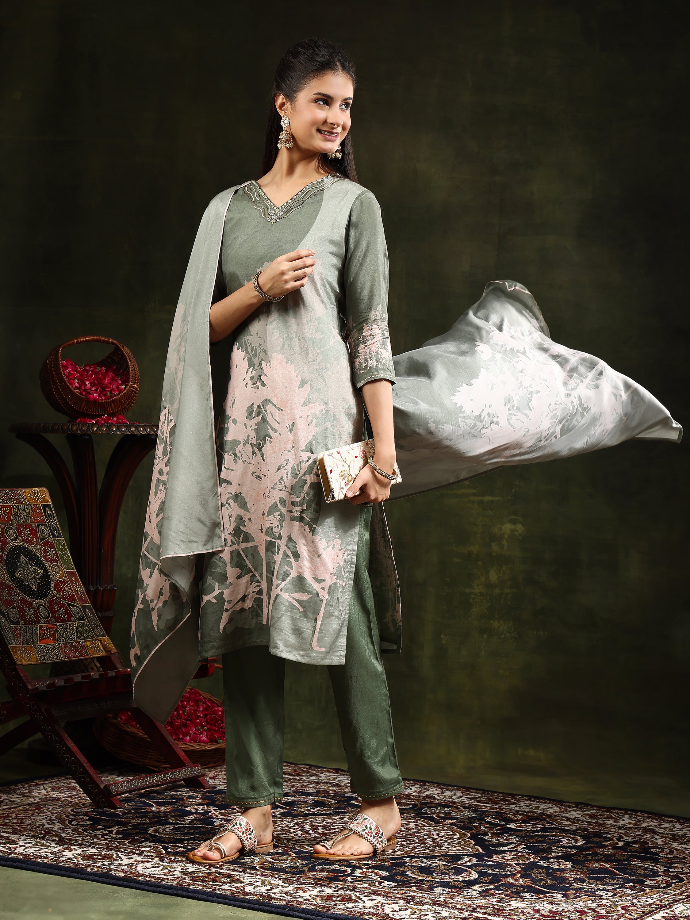 Hand Embroidered & Digital Printed Muslin Kurta with pant & Printed Dupatta