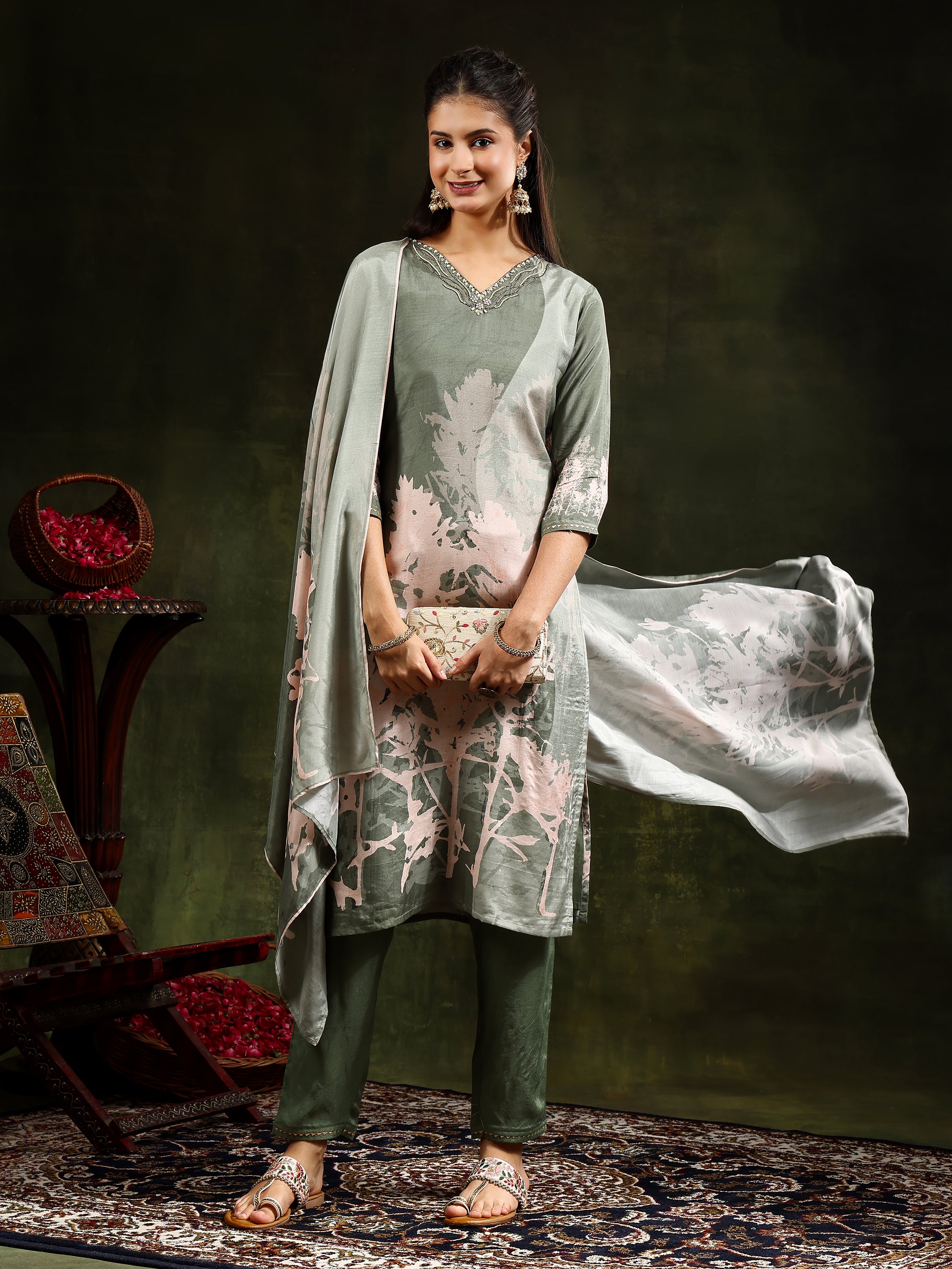 Hand Embroidered & Digital Printed Muslin Kurta with pant & Printed Dupatta