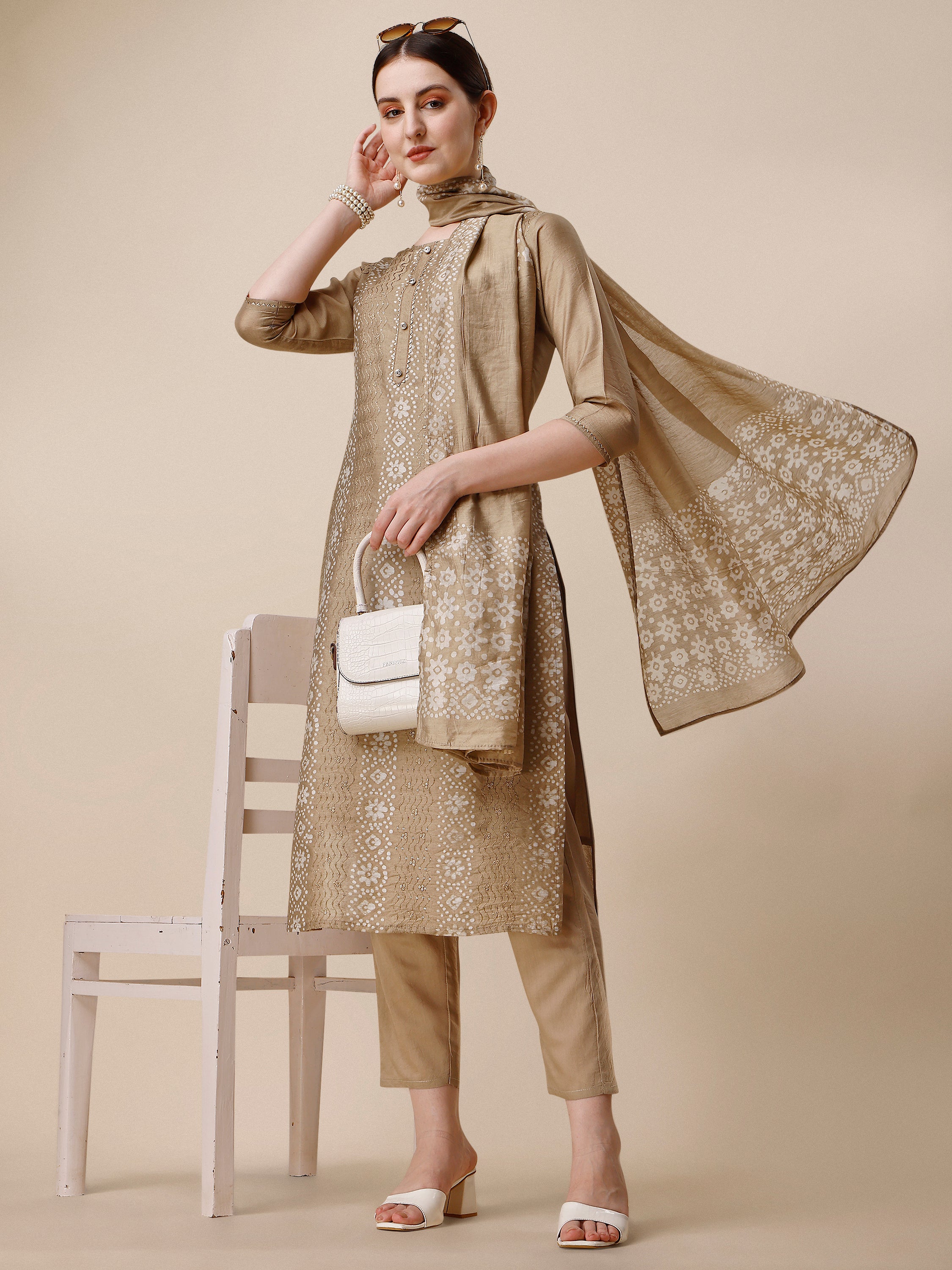 Embroidered & Printed Kurta With Pant and Dupatta Set