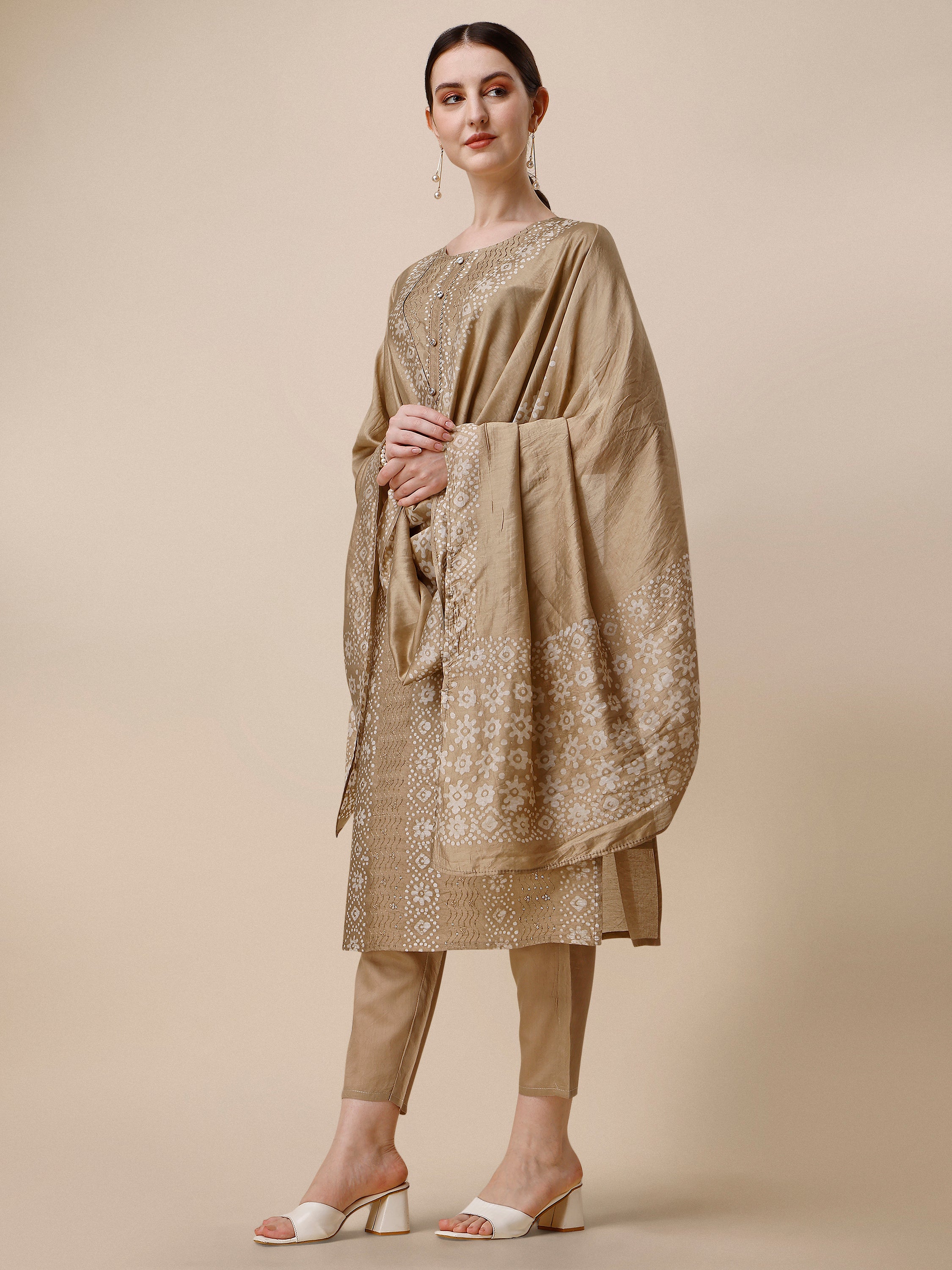 Embroidered & Printed Kurta With Pant and Dupatta Set