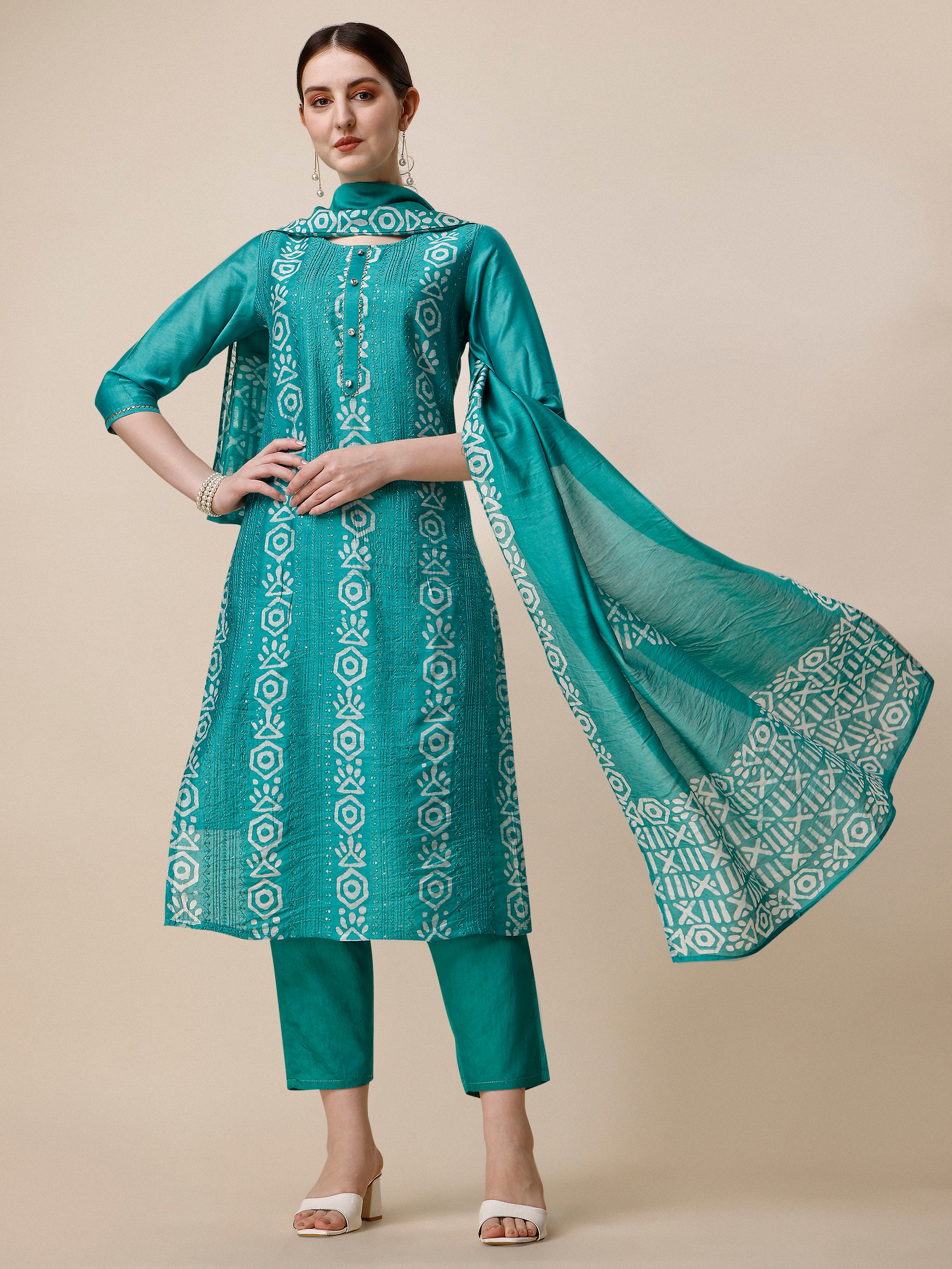 Embroidered Kurta With Pant and Dupatta Set