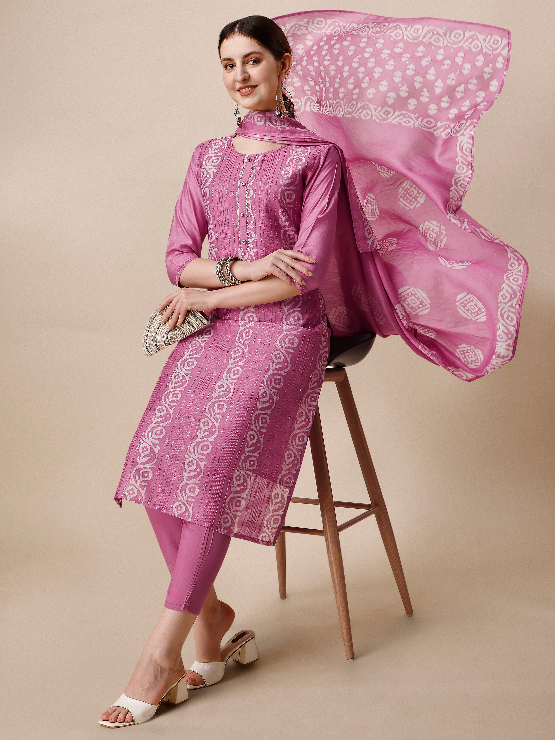 Embroidered & Printed Kurta With Pant and Dupatta Set