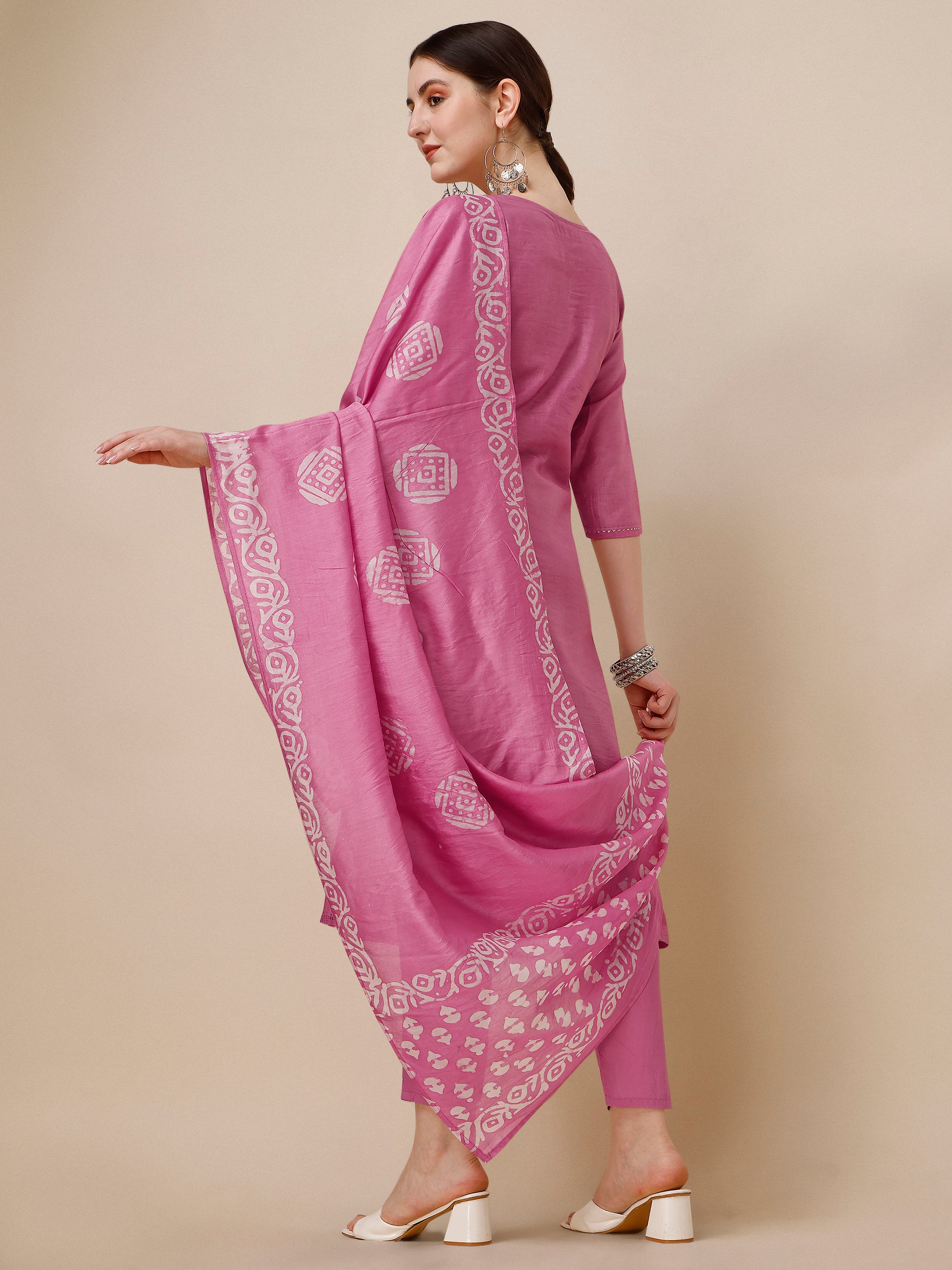 Embroidered & Printed Kurta With Pant and Dupatta Set