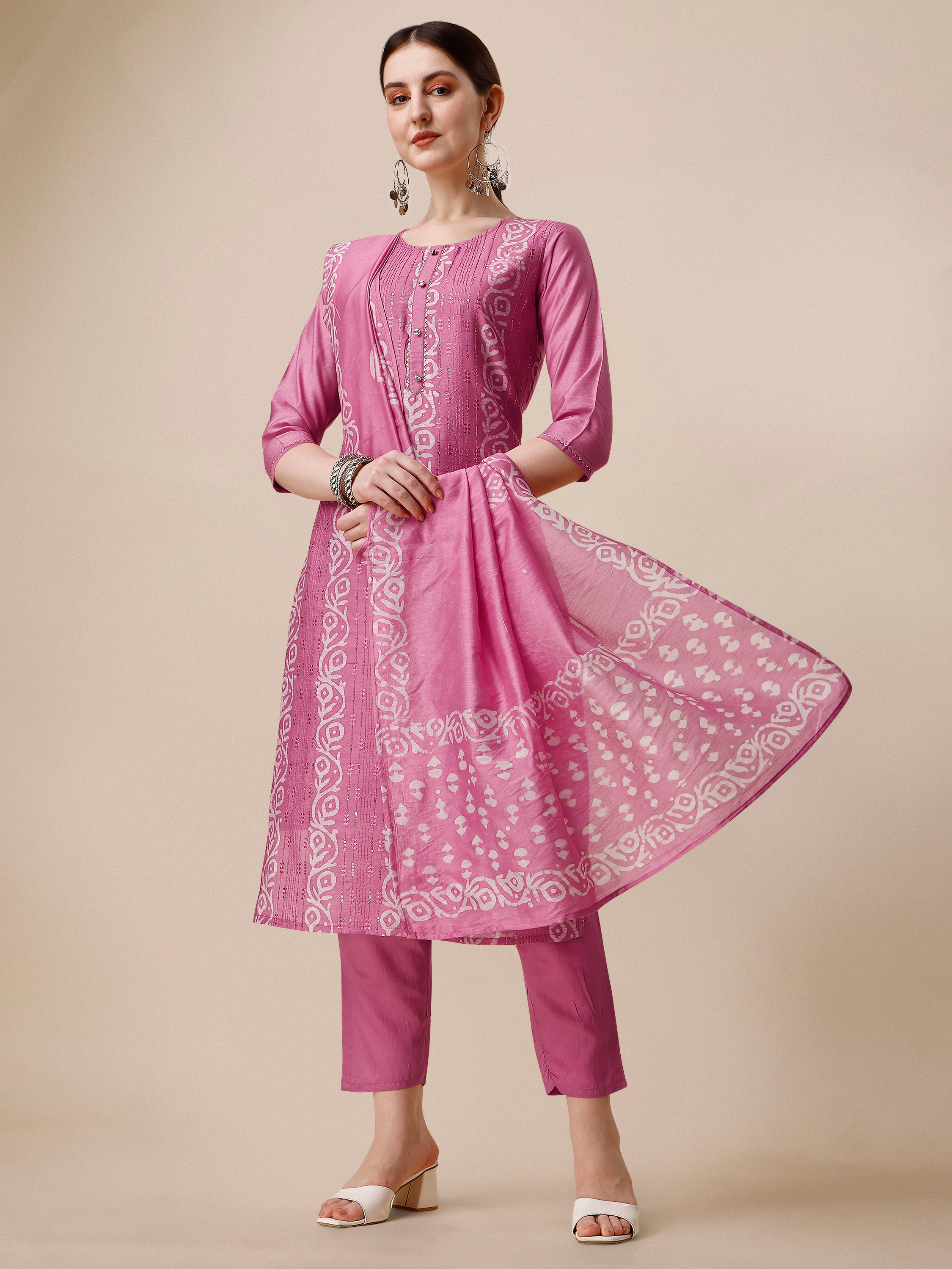 Embroidered & Printed Kurta With Pant and Dupatta Set