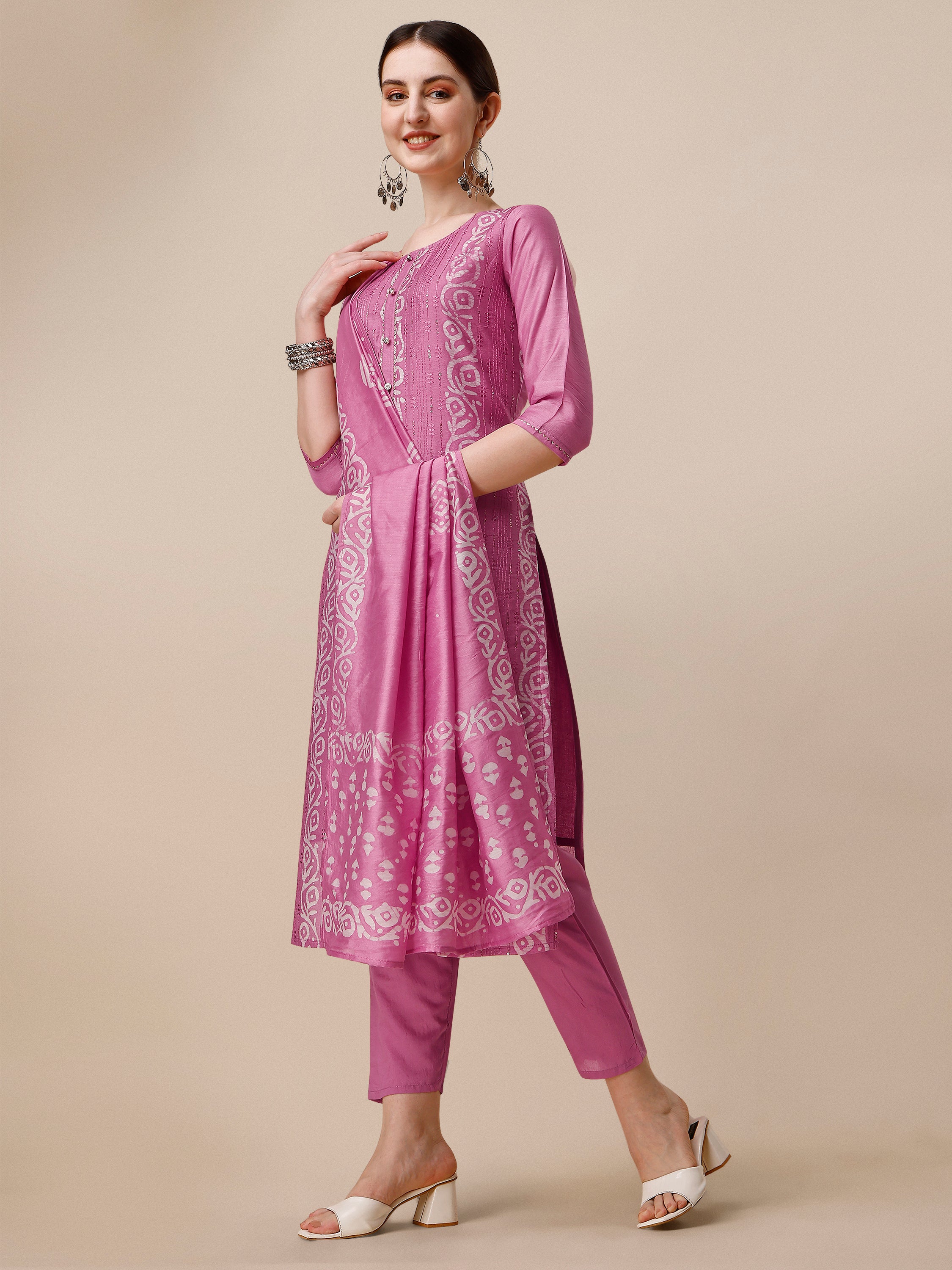 Embroidered & Printed Kurta With Pant and Dupatta Set