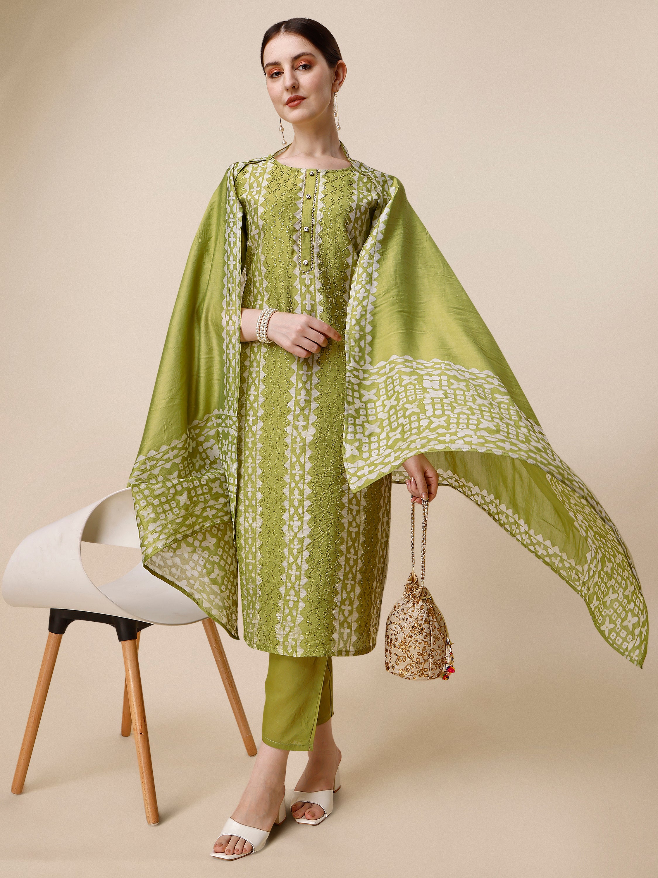 Printed & embroidered kurta with pant & printed dupatta Set