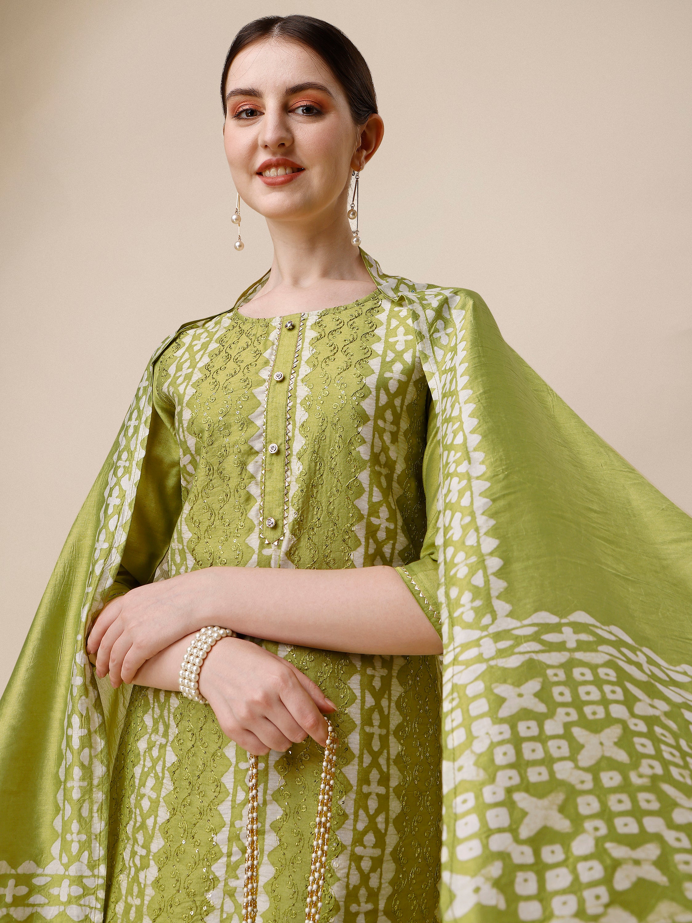 Printed & embroidered kurta with pant & printed dupatta Set