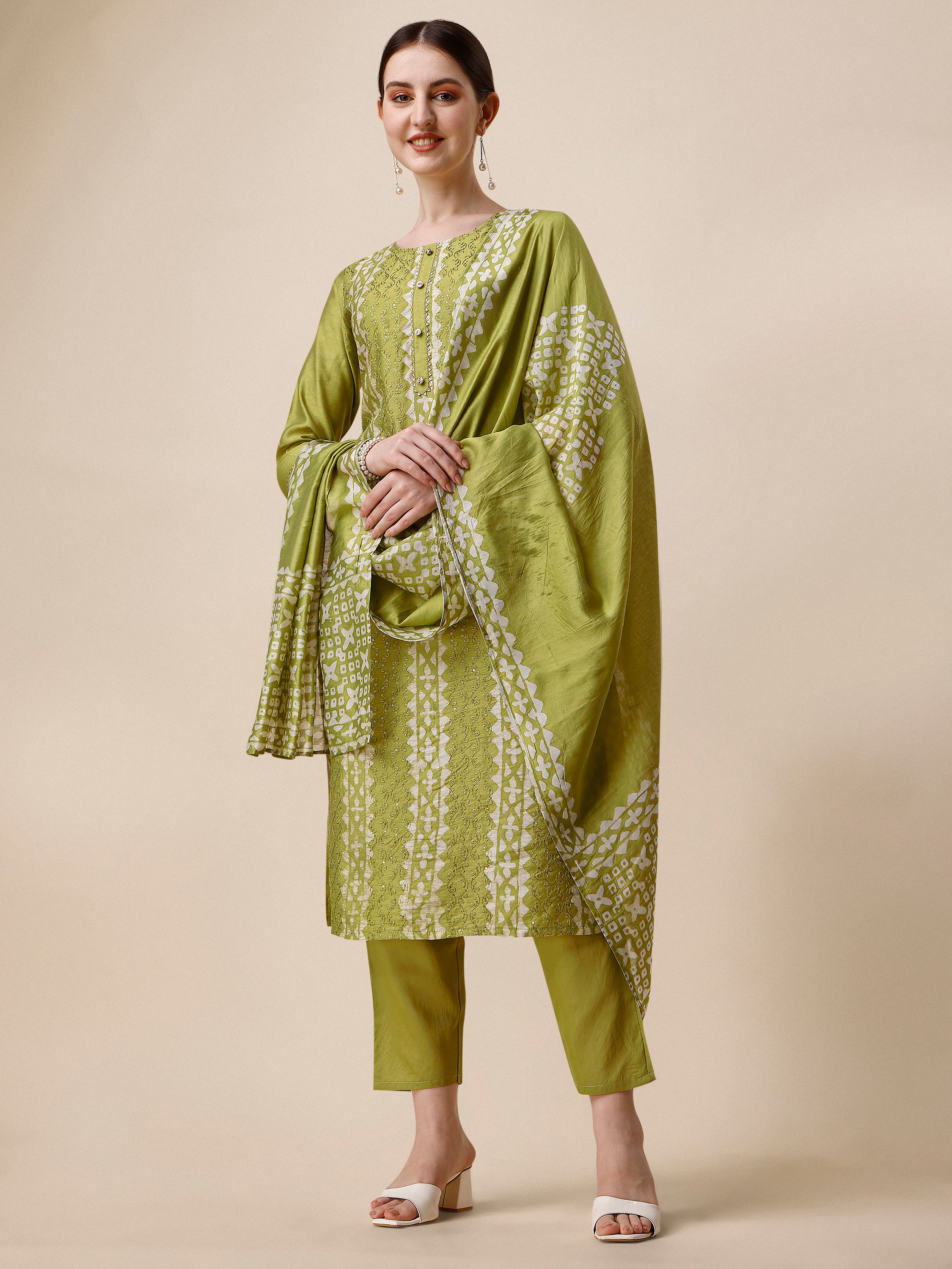 Printed & embroidered kurta with pant & printed dupatta Set