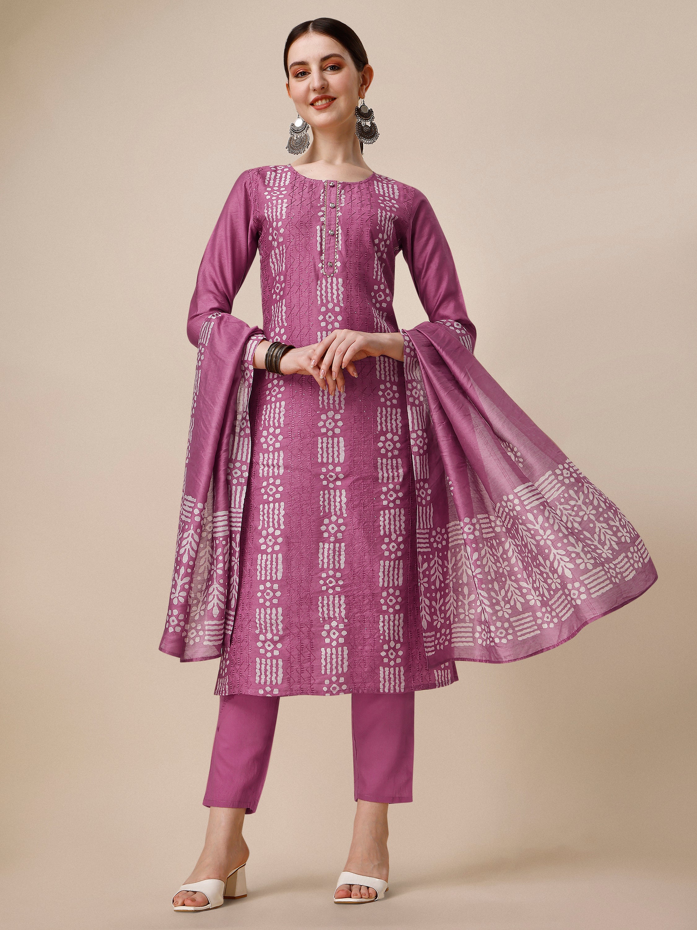 Chanderi Bandhni Printed kurta with pant & dupatta set