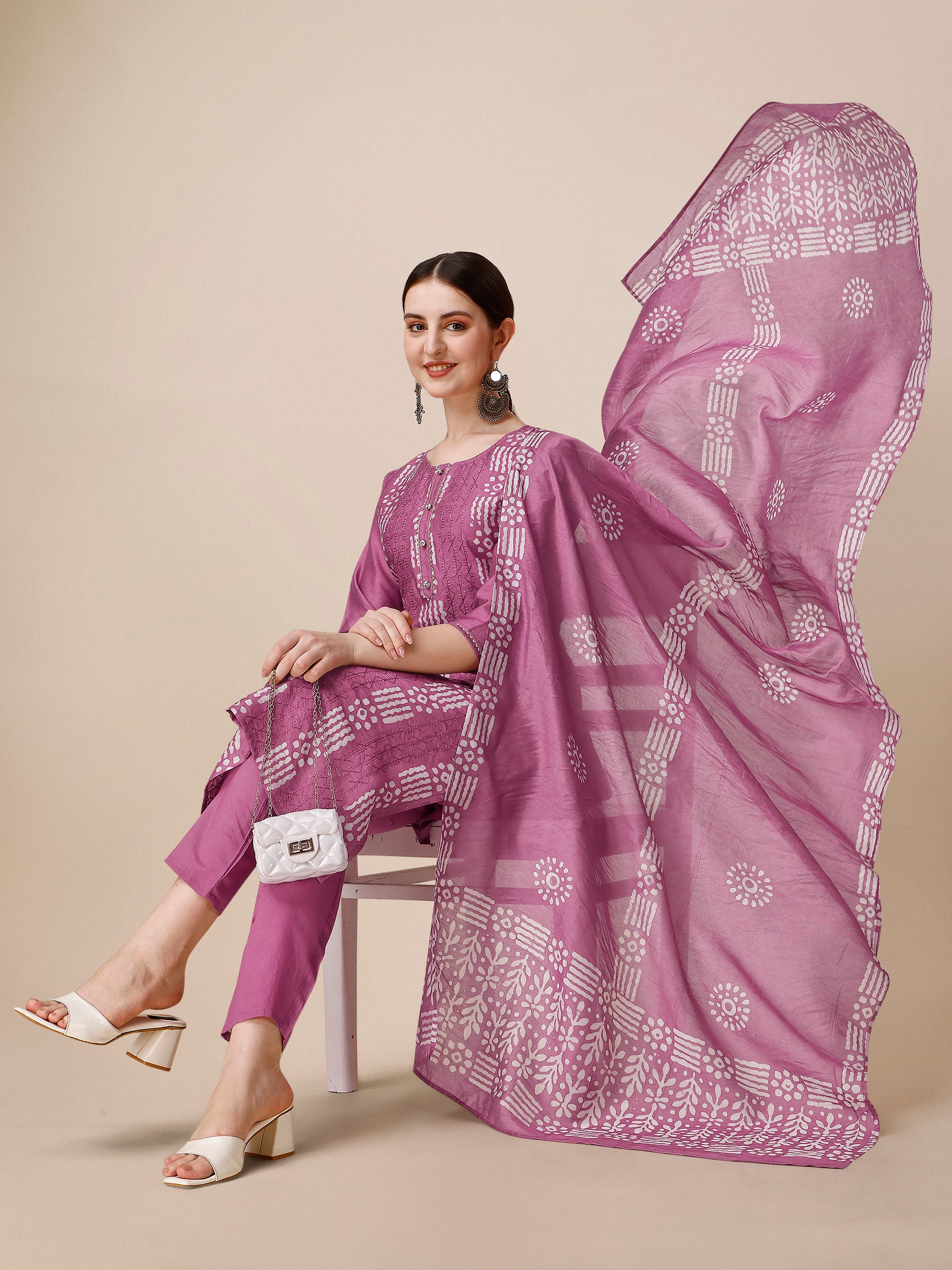 Chanderi Bandhni Printed kurta with pant & dupatta set