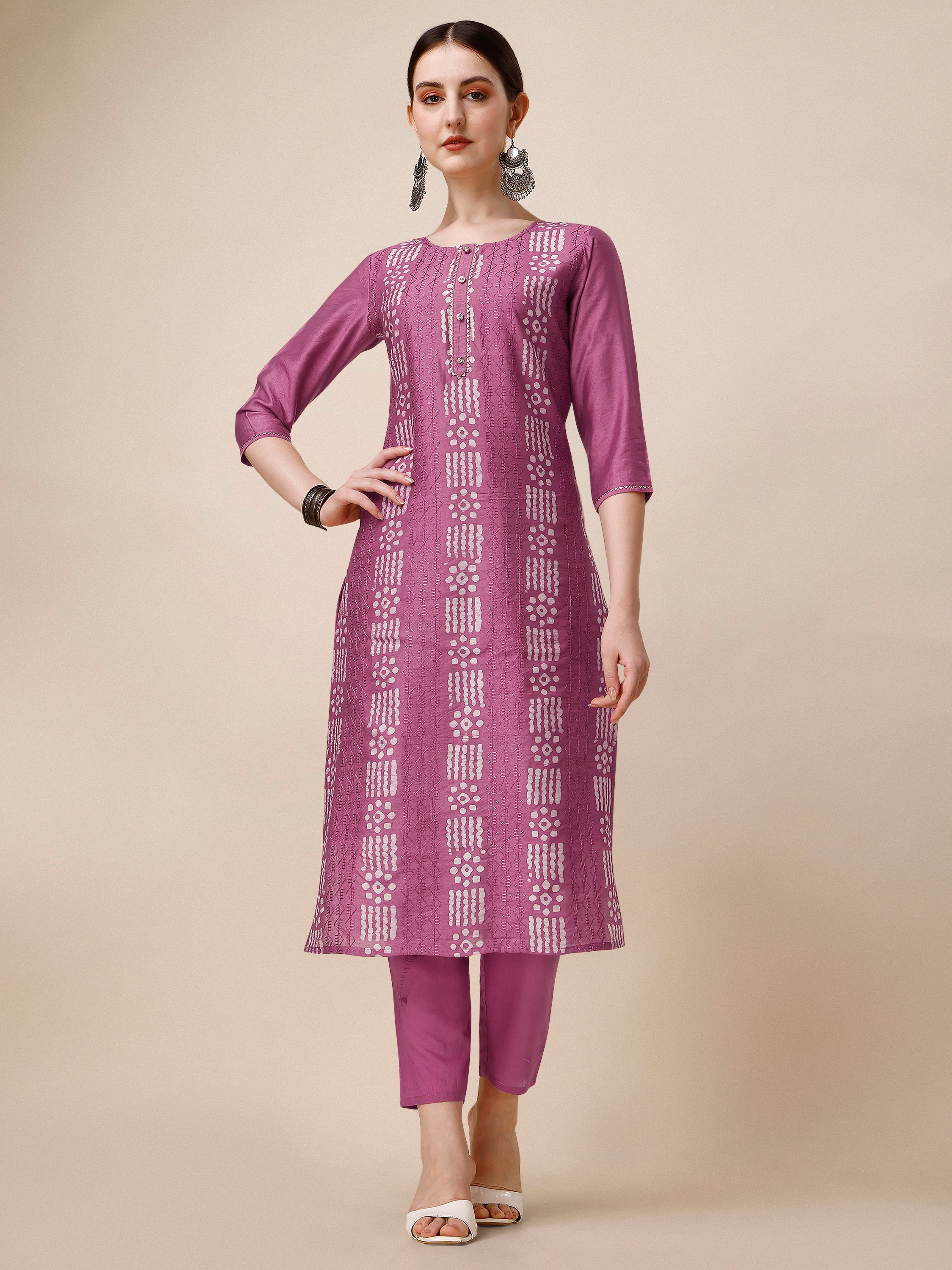 Chanderi Bandhni Printed kurta with pant & dupatta set