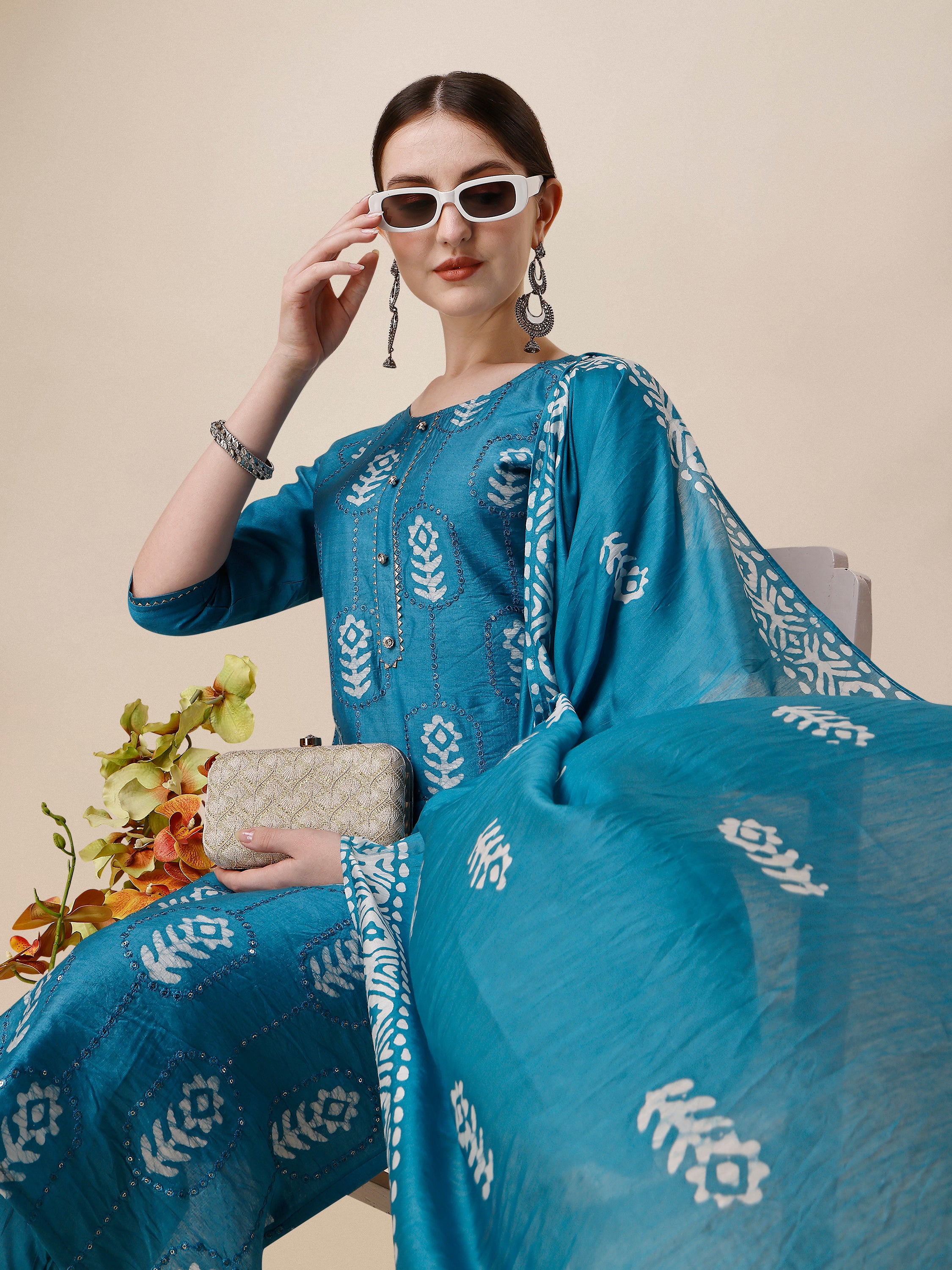 Printed & embroidered kurta with pant & dupatta Set