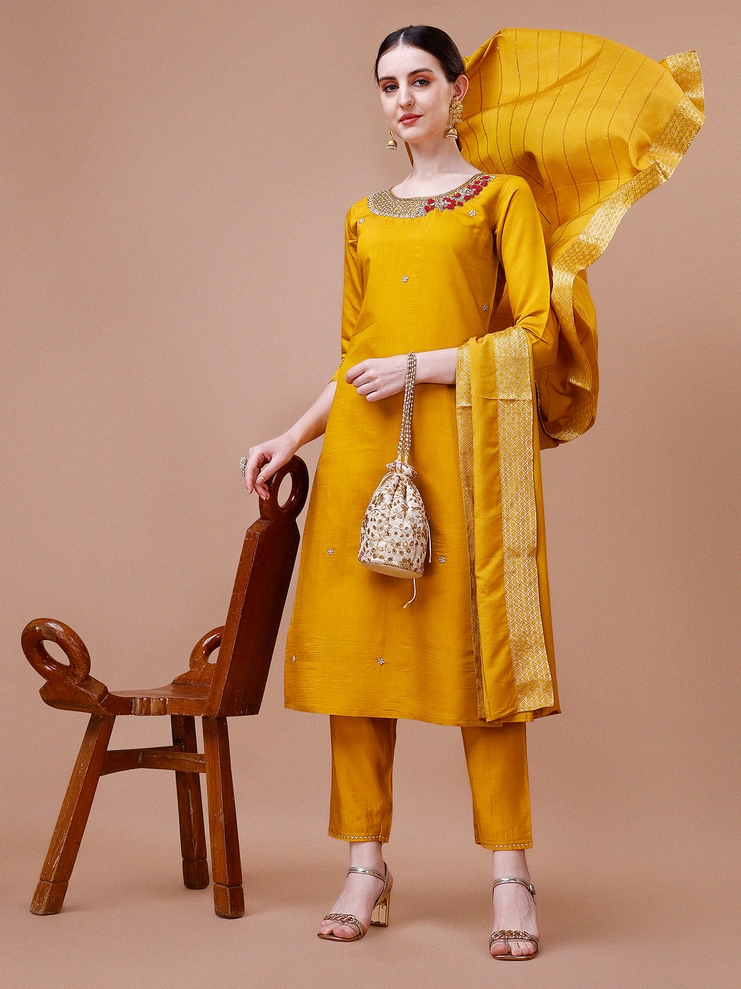 Hand Embroidered And Embellished Kurta With Pant And Dupatta Set