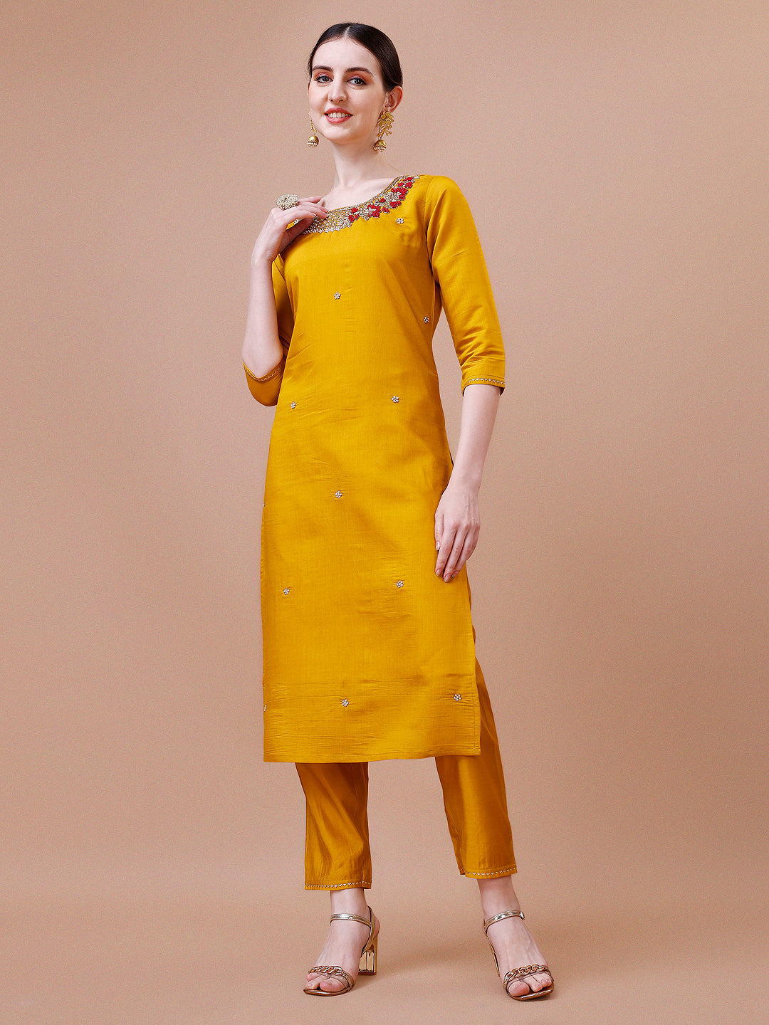 Hand Embroidered And Embellished Kurta With Pant And Dupatta Set