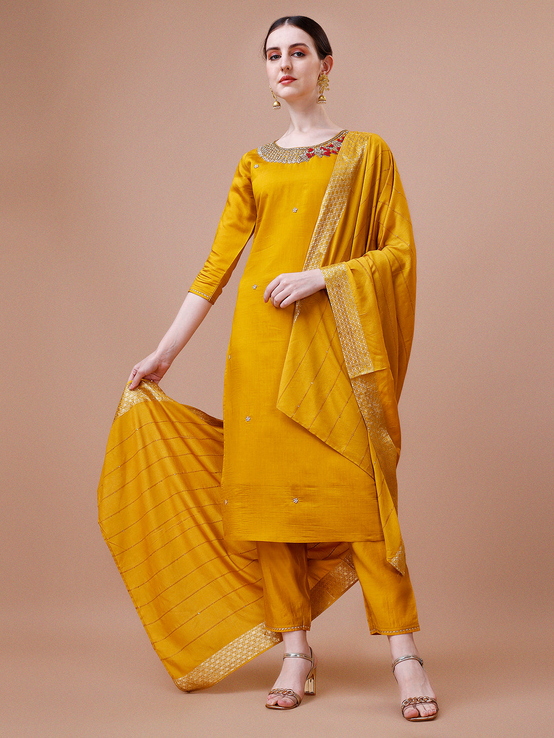 Hand Embroidered And Embellished Kurta With Pant And Dupatta Set