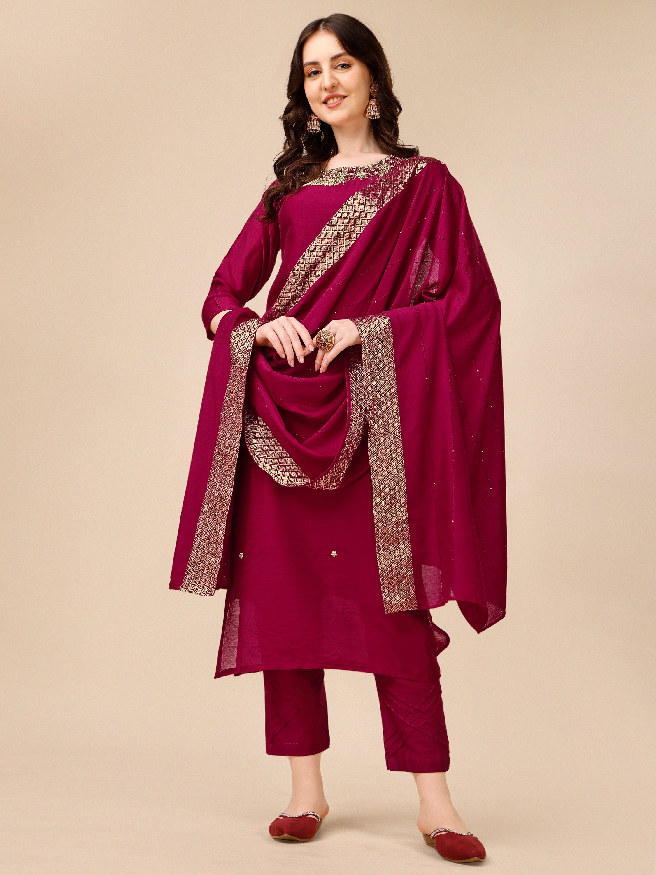 Hand Embroidered Kurta With Pant And Dupatta Set