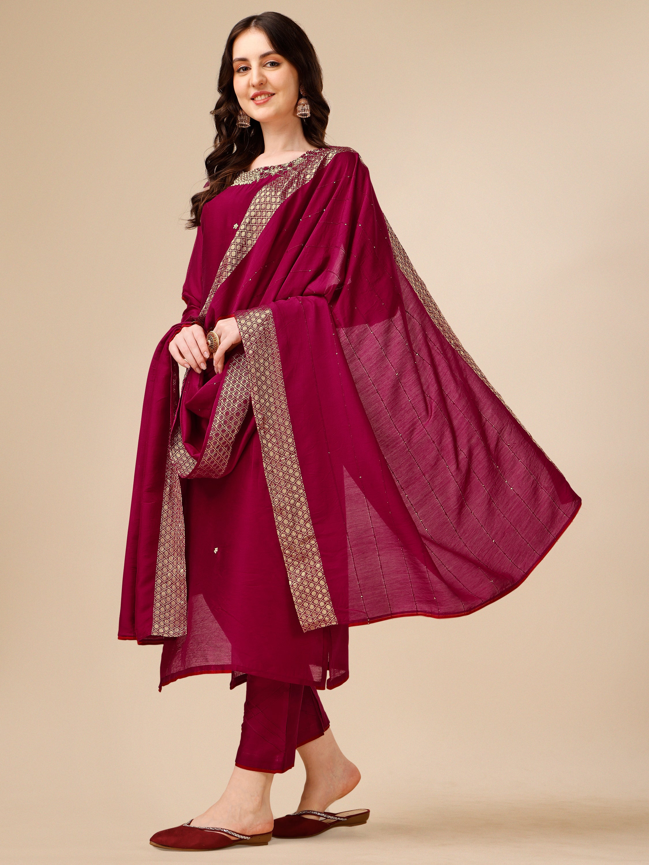 Hand Embroidered Kurta With Pant And Dupatta Set