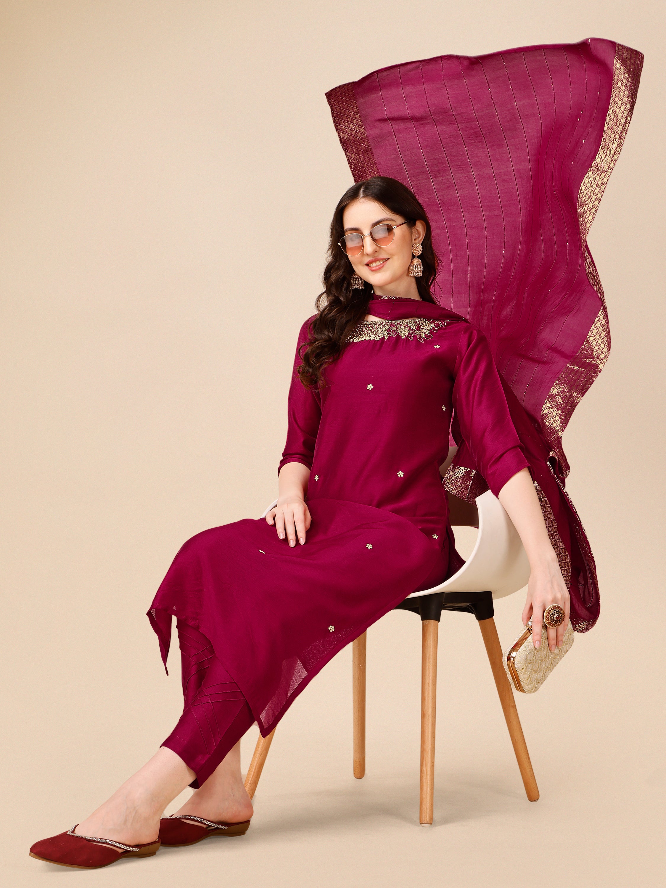 Hand Embroidered Kurta With Pant And Dupatta Set