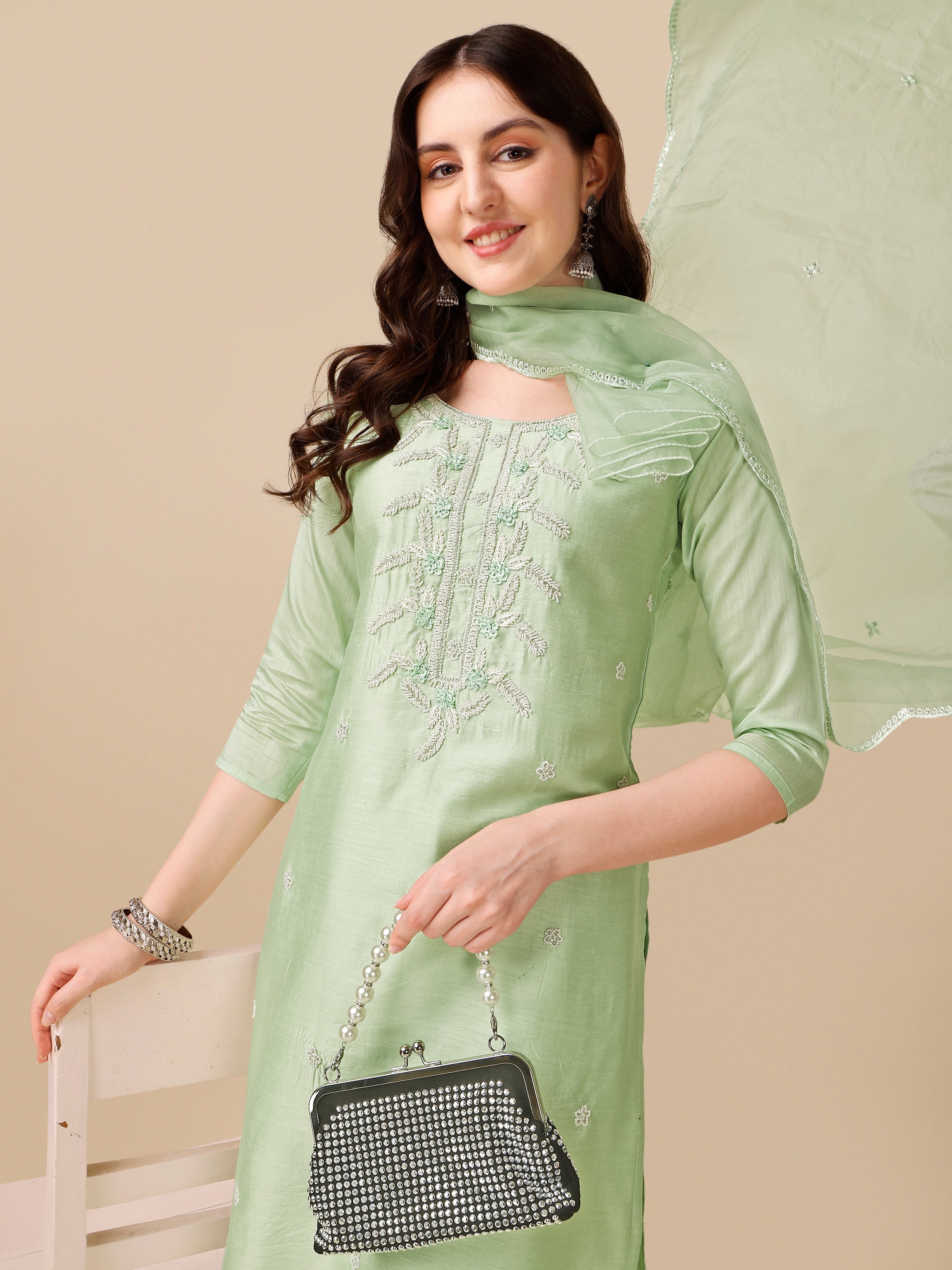 Hand Embroidered Kurta with Pant and Dupatta set