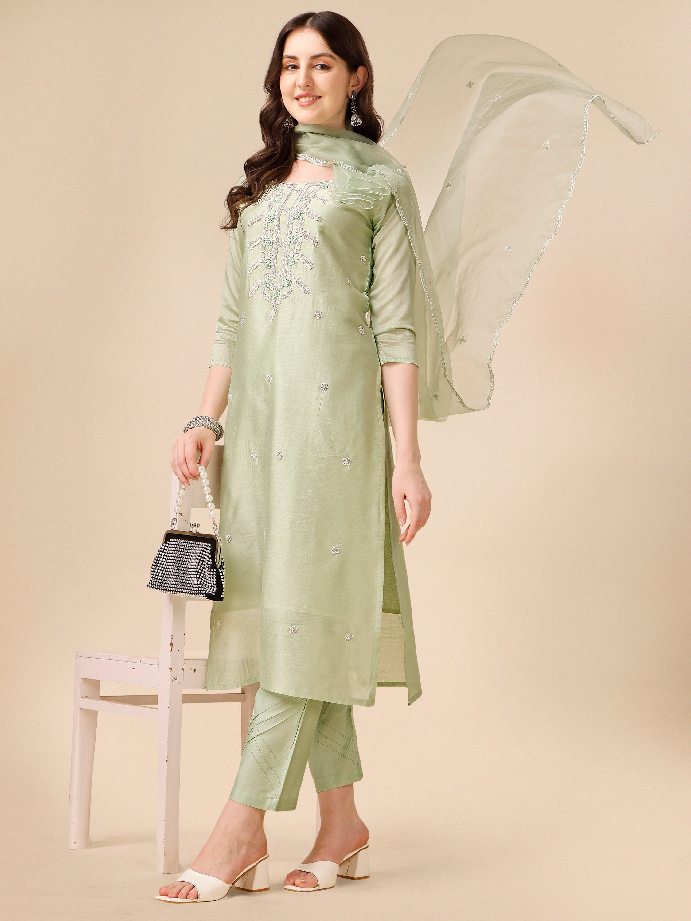 Hand Embroidered Kurta with Pant and Dupatta set