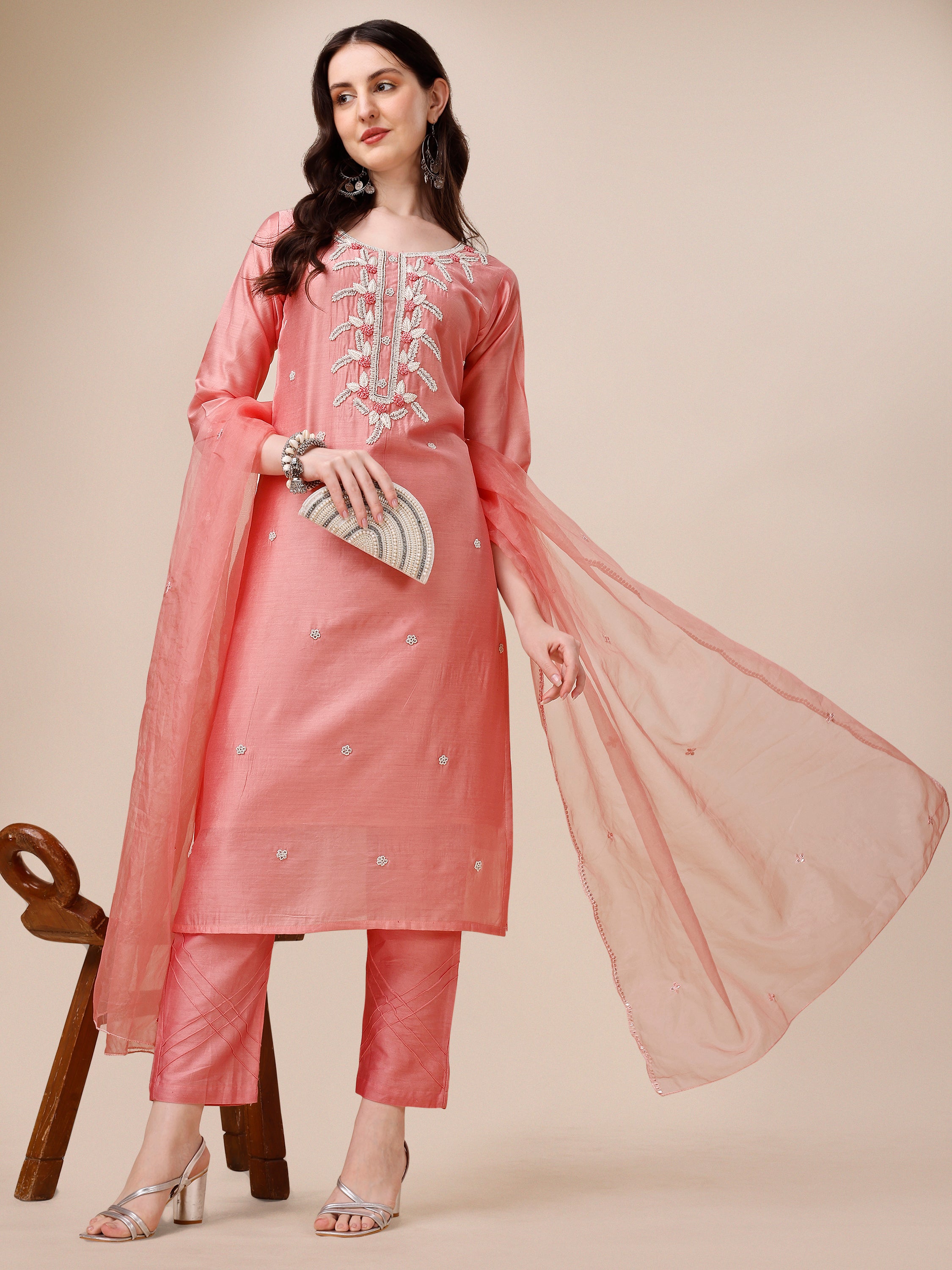 Hand Embroidered kurta with pant & Organza Dupatta