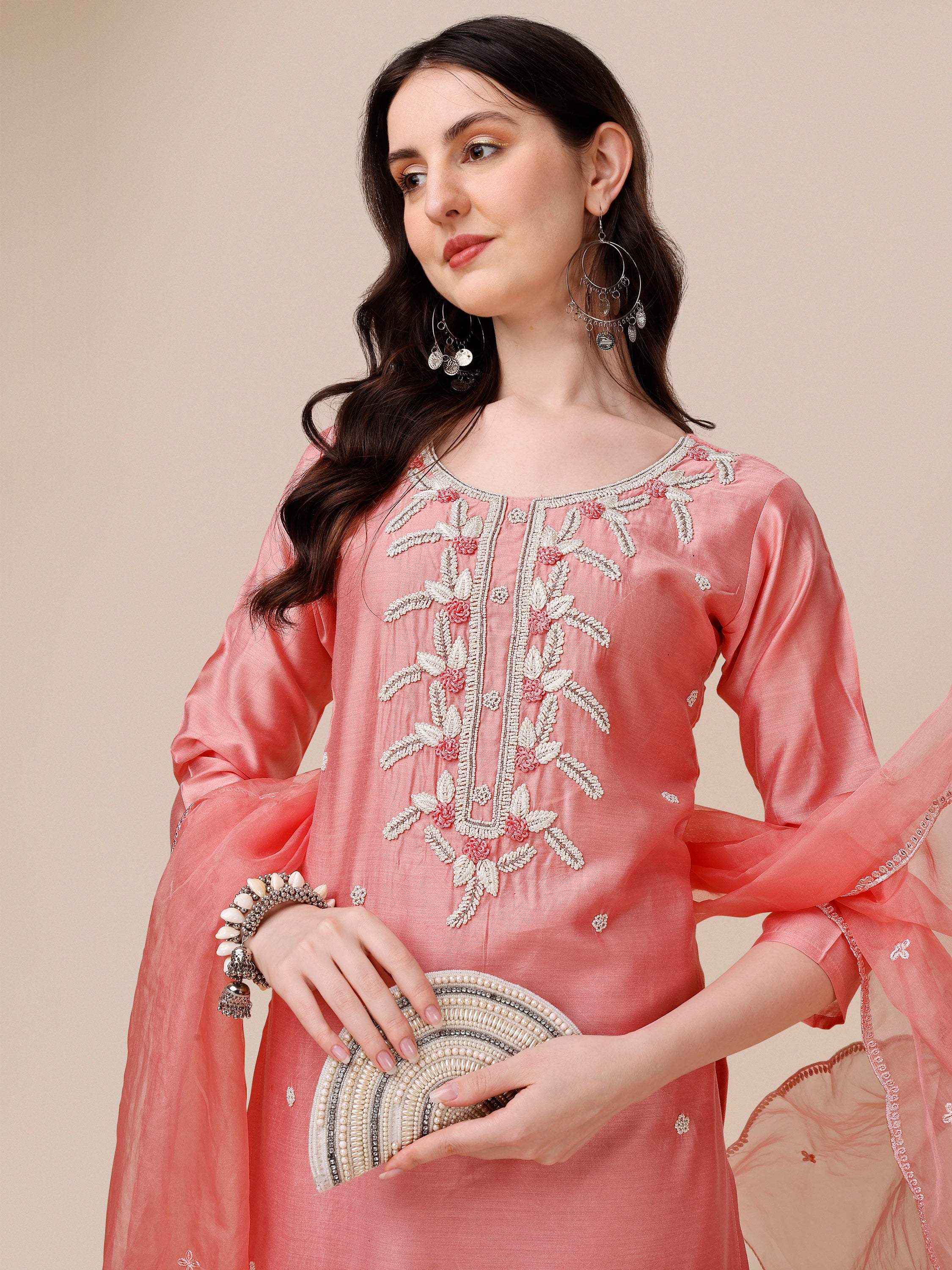 Hand Embroidered kurta with pant & Organza Dupatta