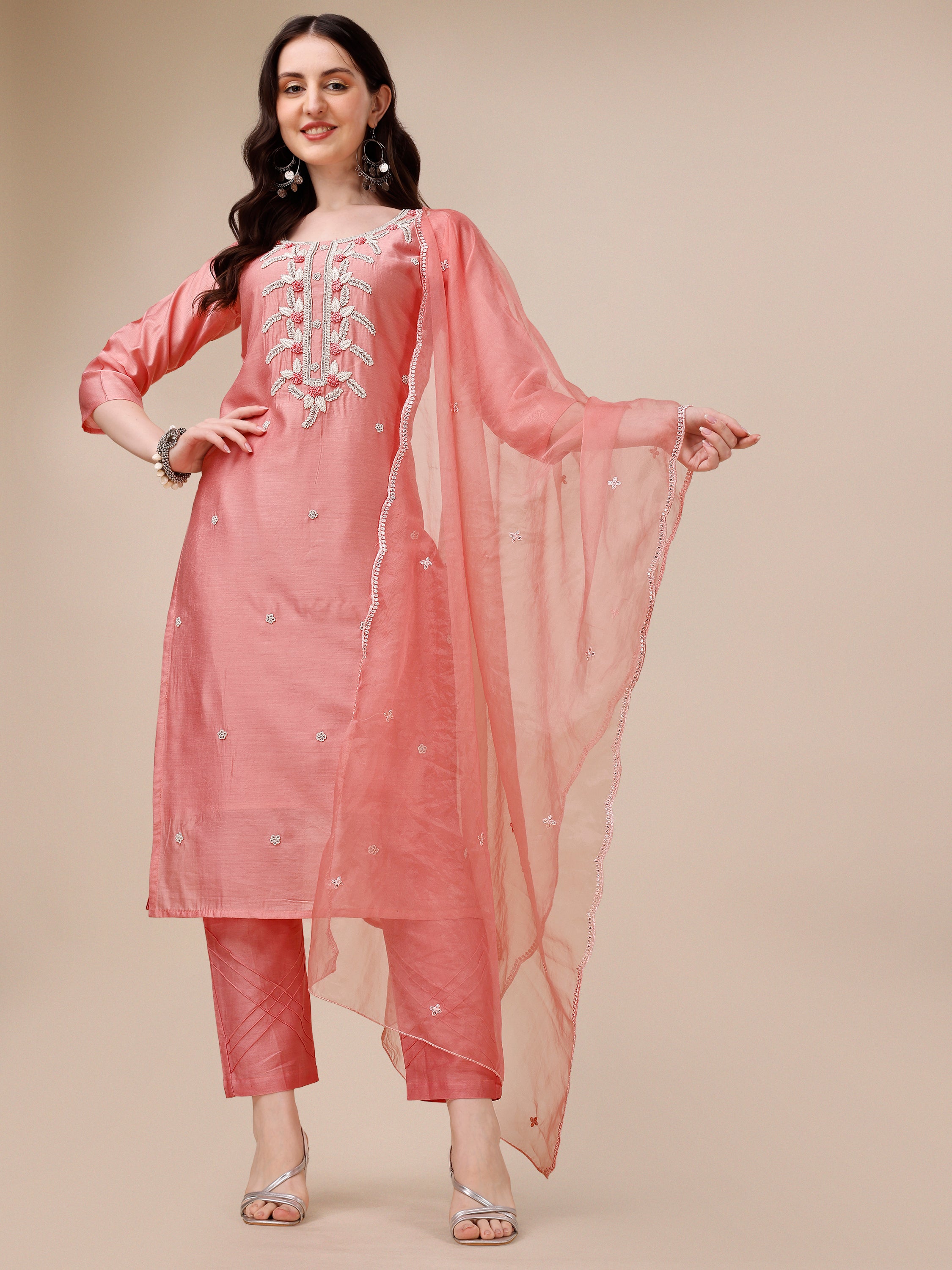 Hand Embroidered kurta with pant & Organza Dupatta