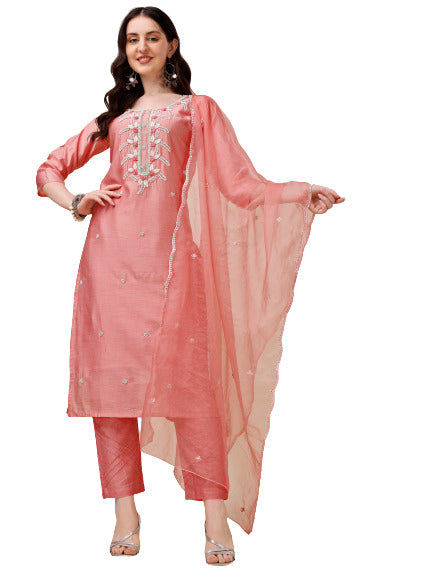 Hand Embroidered kurta with pant & Organza Dupatta