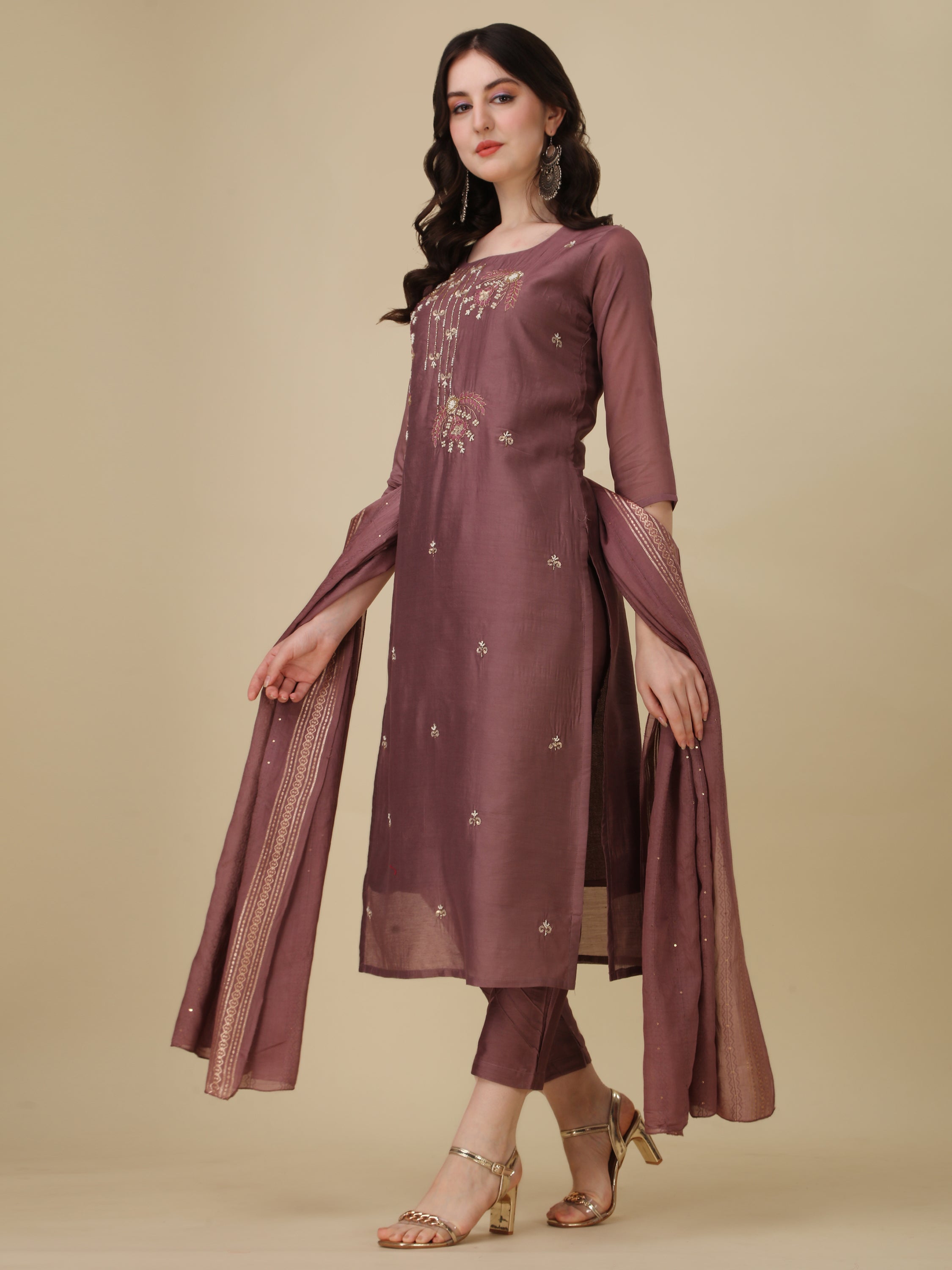 Hand Embroidered Kurta with pant and Dupatta Set