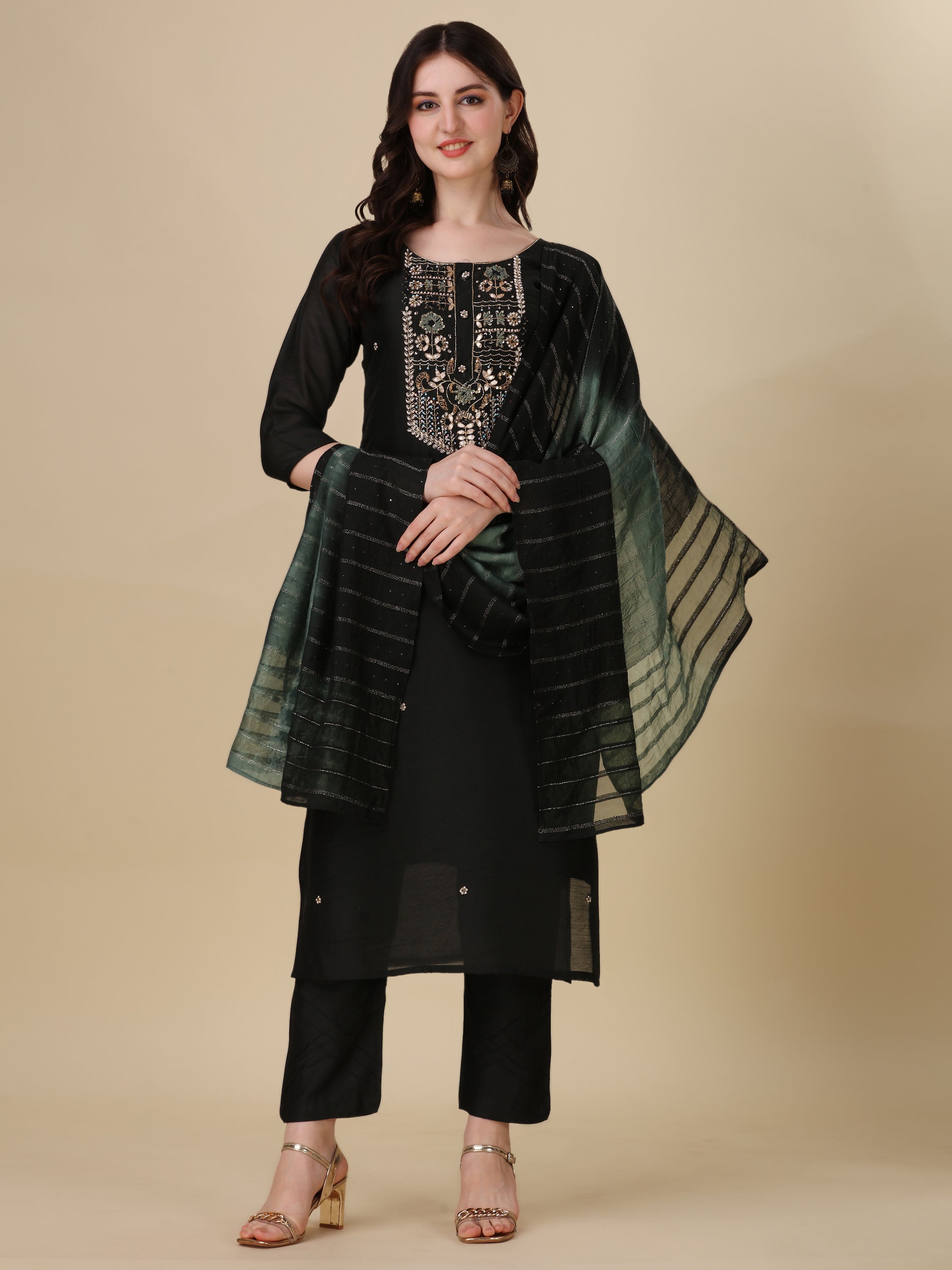 Embroidered Kurta With Pant And Dupatta Set