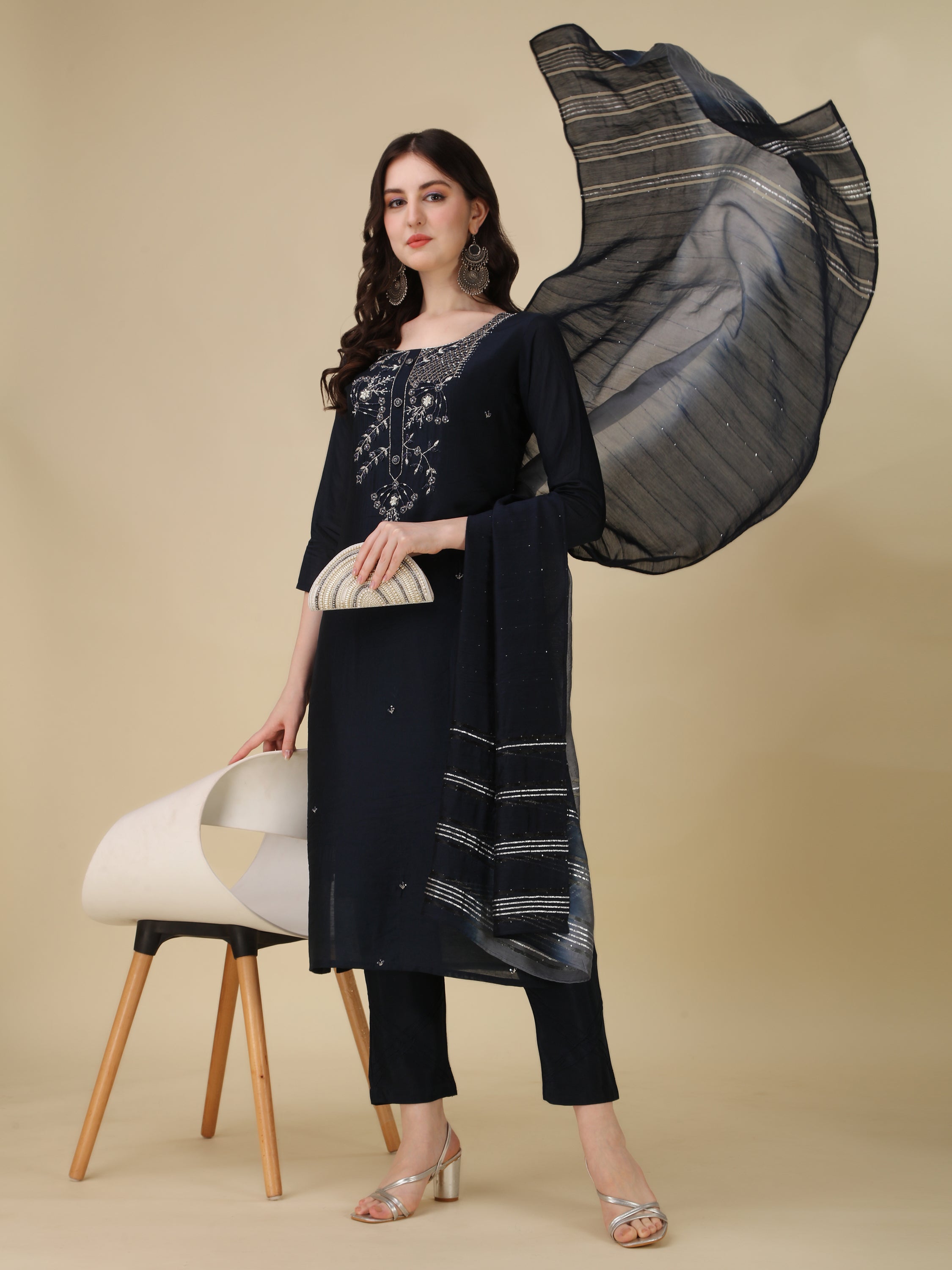 Hand Embroidered Kurta with Pant and Dupatta Set