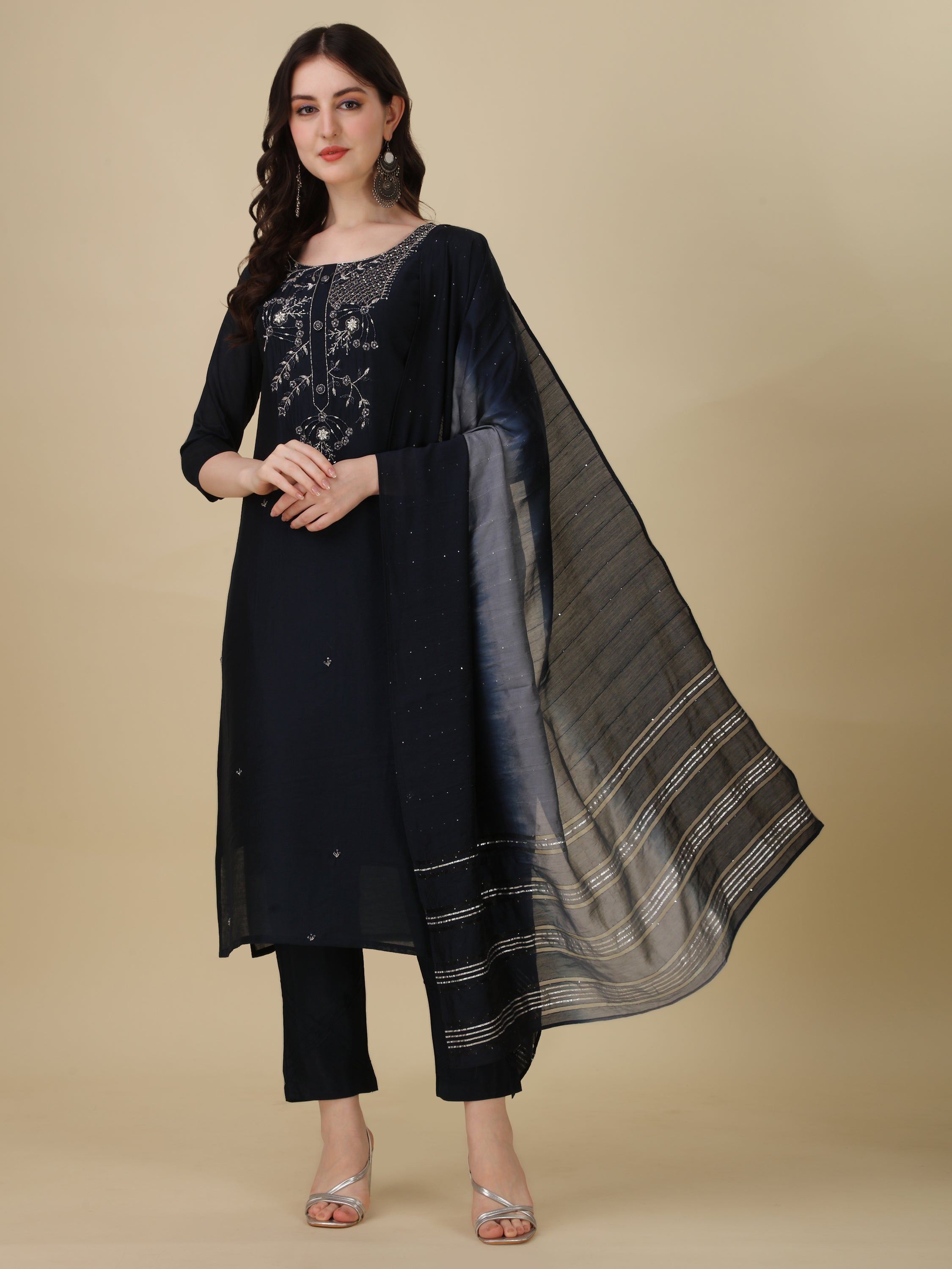 Hand Embroidered Kurta with Pant and Dupatta Set