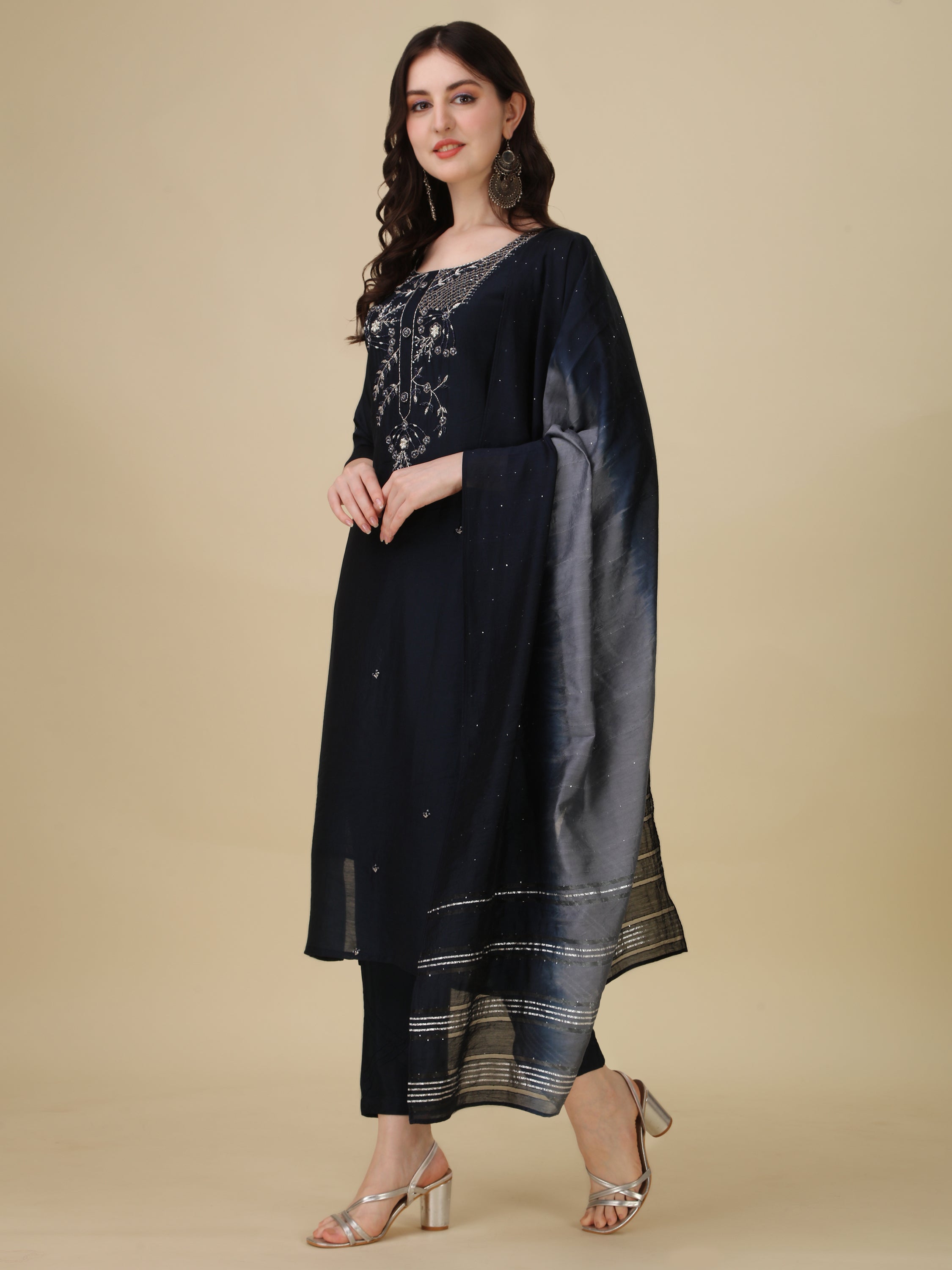 Hand Embroidered Kurta with Pant and Dupatta Set