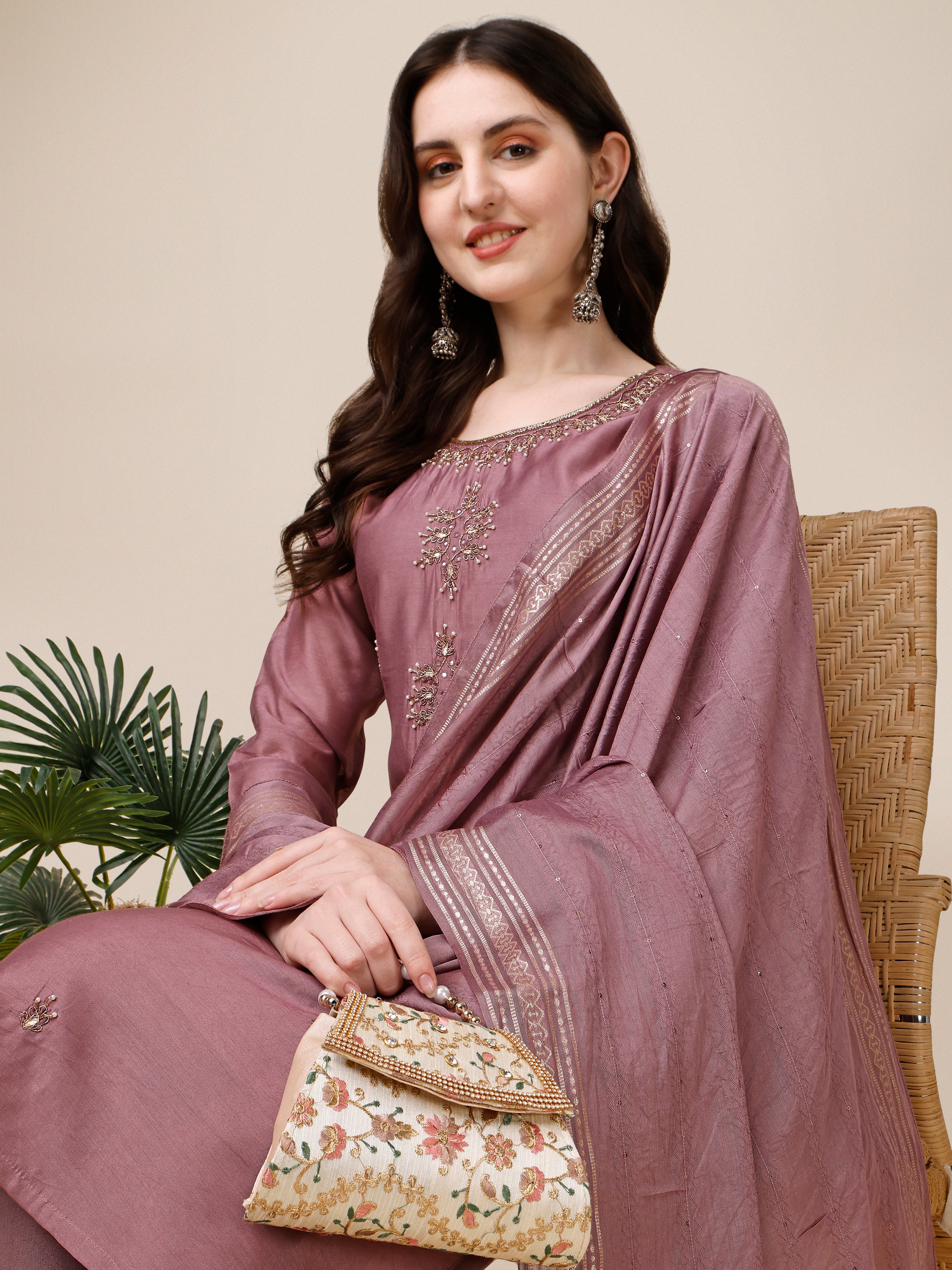 Hand Embroidered Kurta With Pant And Dupatta Set