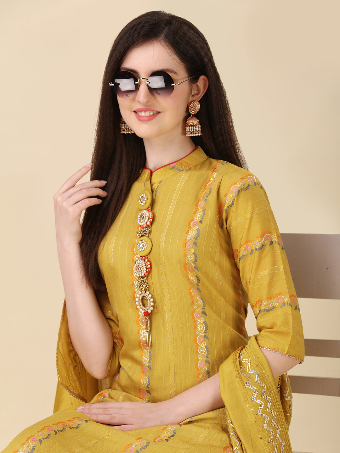 Embellished Buttoned kurta With Pant And Dupatta set