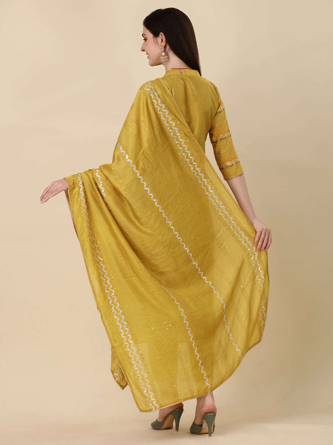 Embellished Buttoned kurta With Pant And Dupatta set