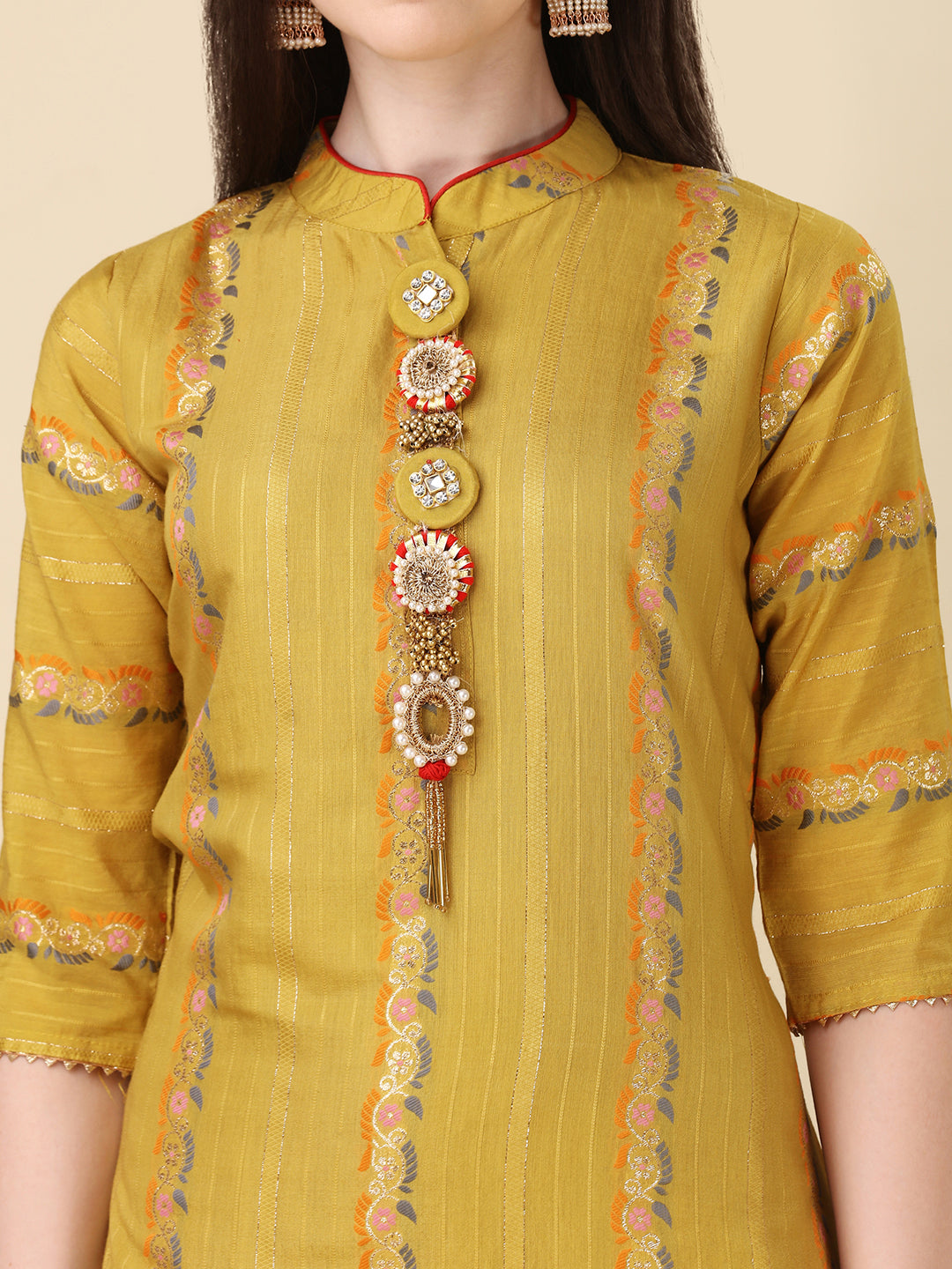 Embellished Buttoned kurta With Pant And Dupatta set