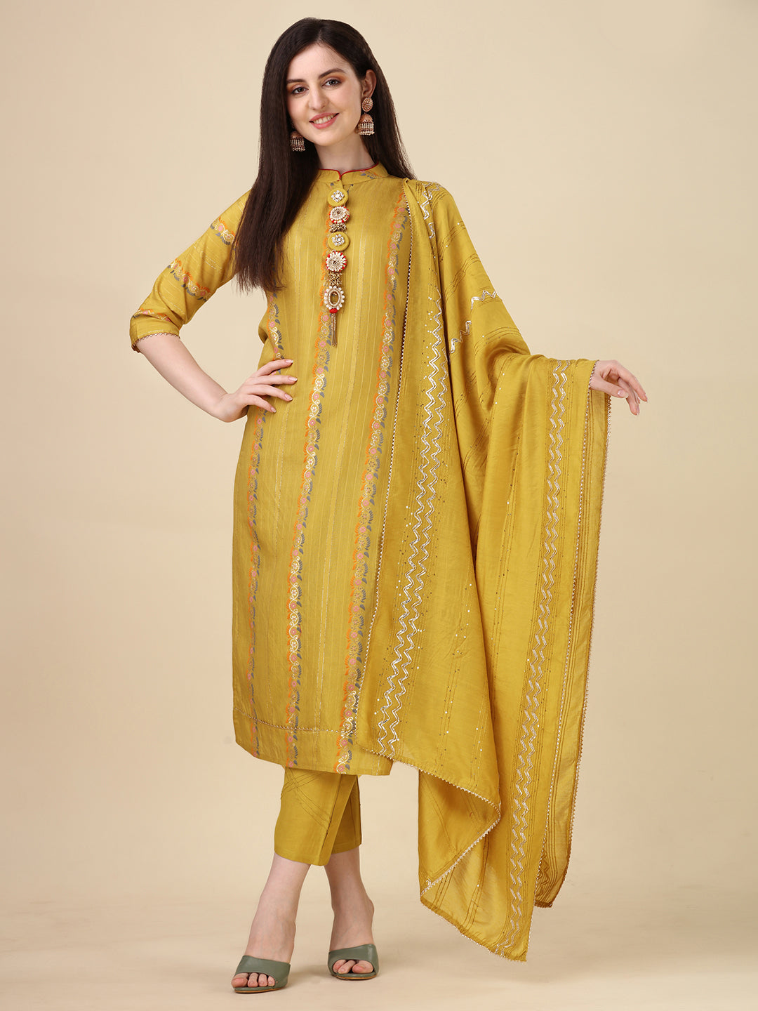 Embellished Buttoned kurta With Pant And Dupatta set