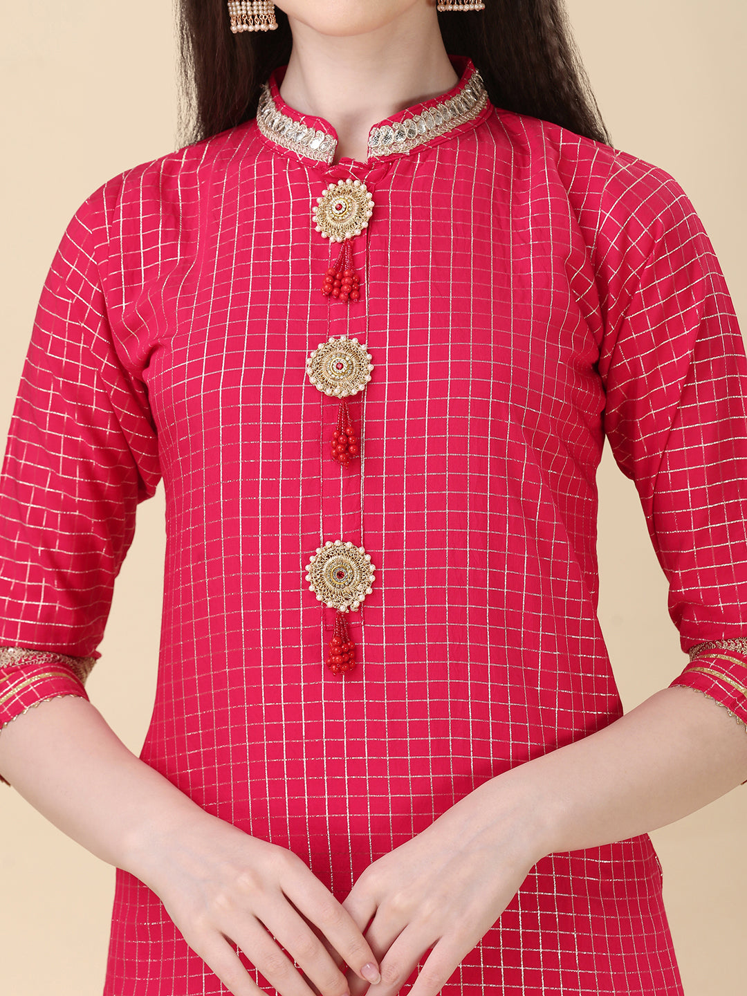 Embellished Buttoned Kurta With Pant And Dupatta Set