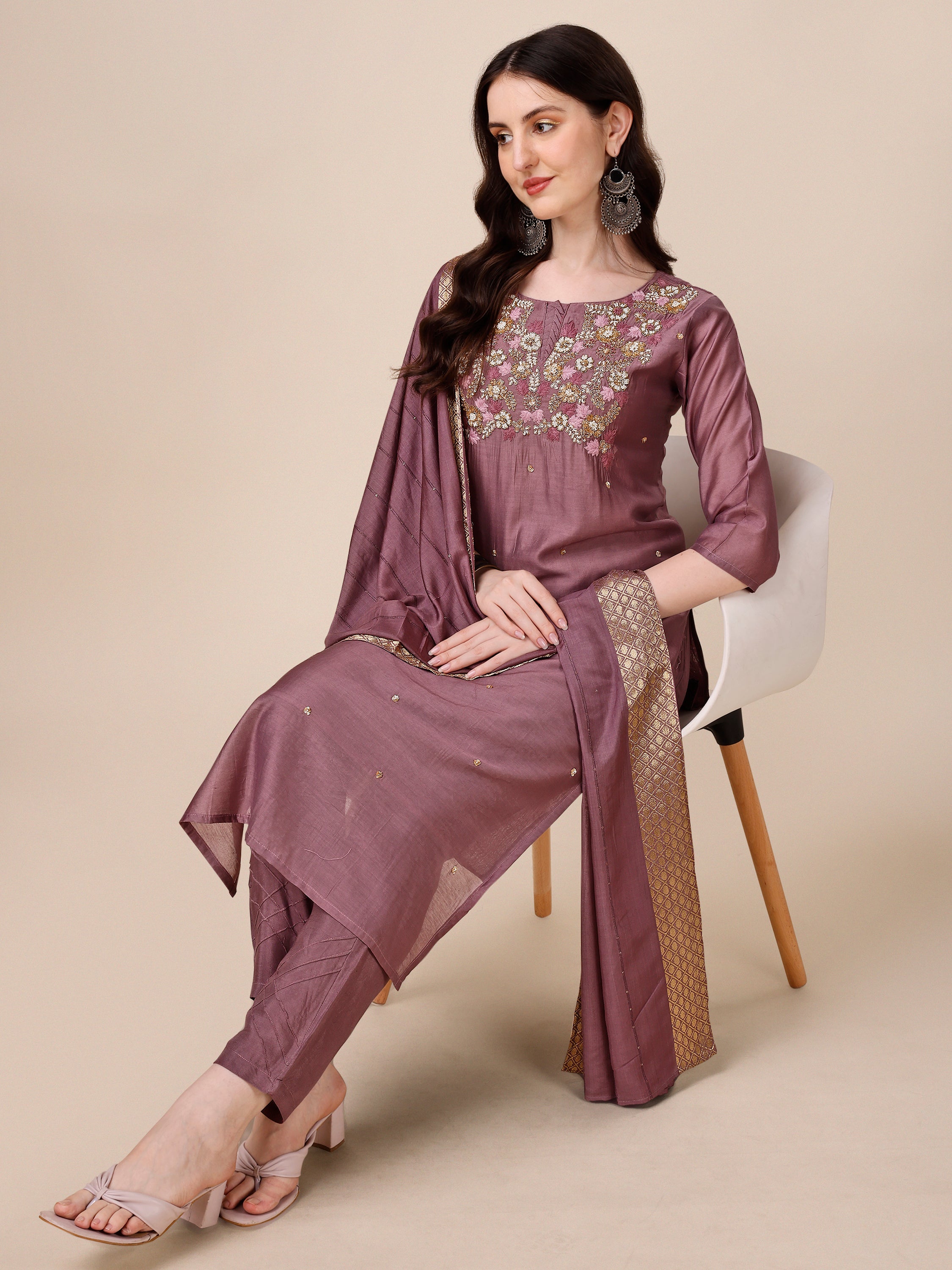 Hand Embroidered Kurta With Pant And Dupatta Set