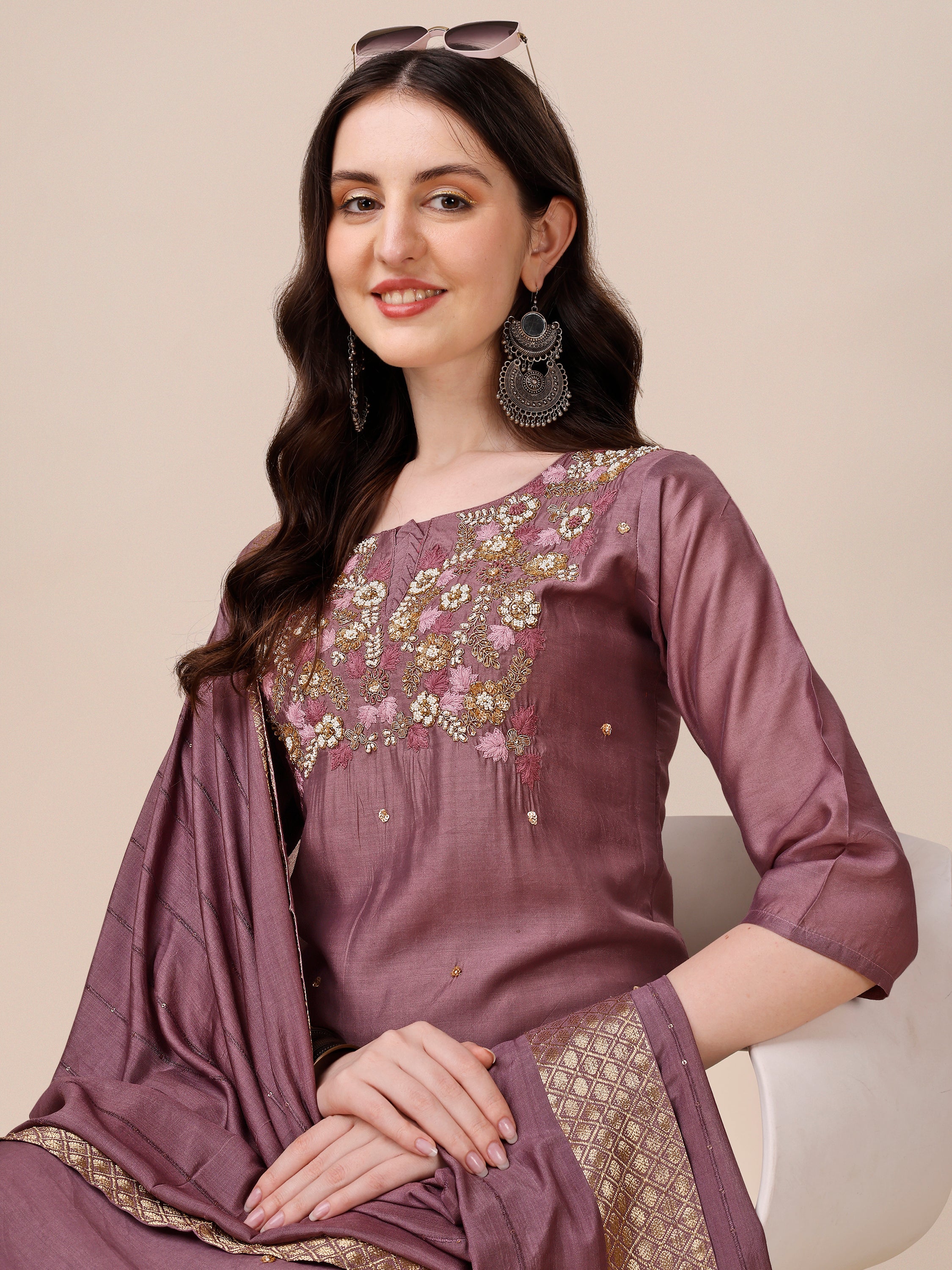Hand Embroidered Kurta With Pant And Dupatta Set