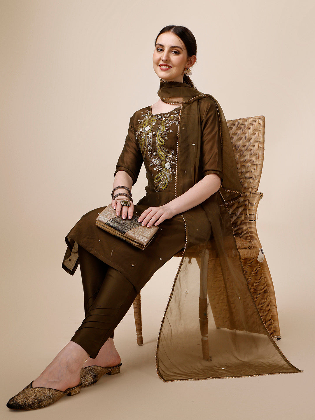 Embroidered Green Kurta with Pant and Dupatta Set