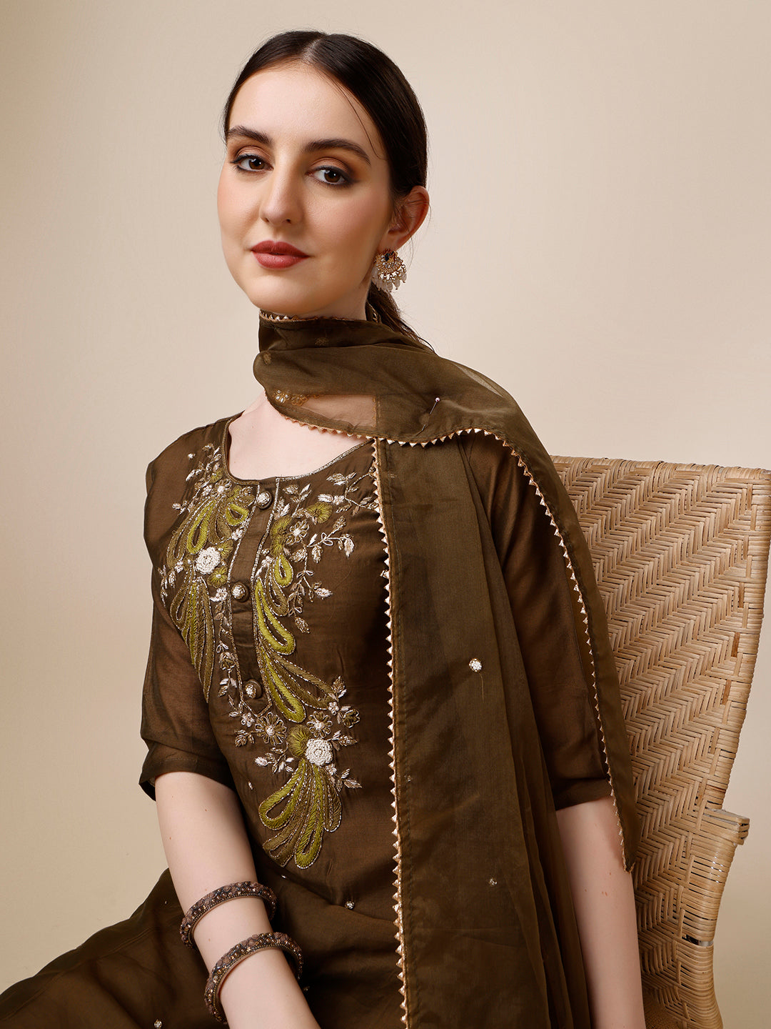 Embroidered Green Kurta with Pant and Dupatta Set