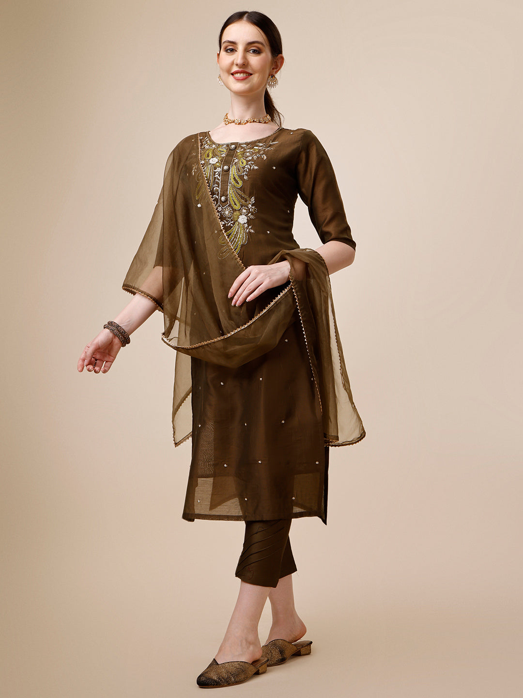 Embroidered Green Kurta with Pant and Dupatta Set