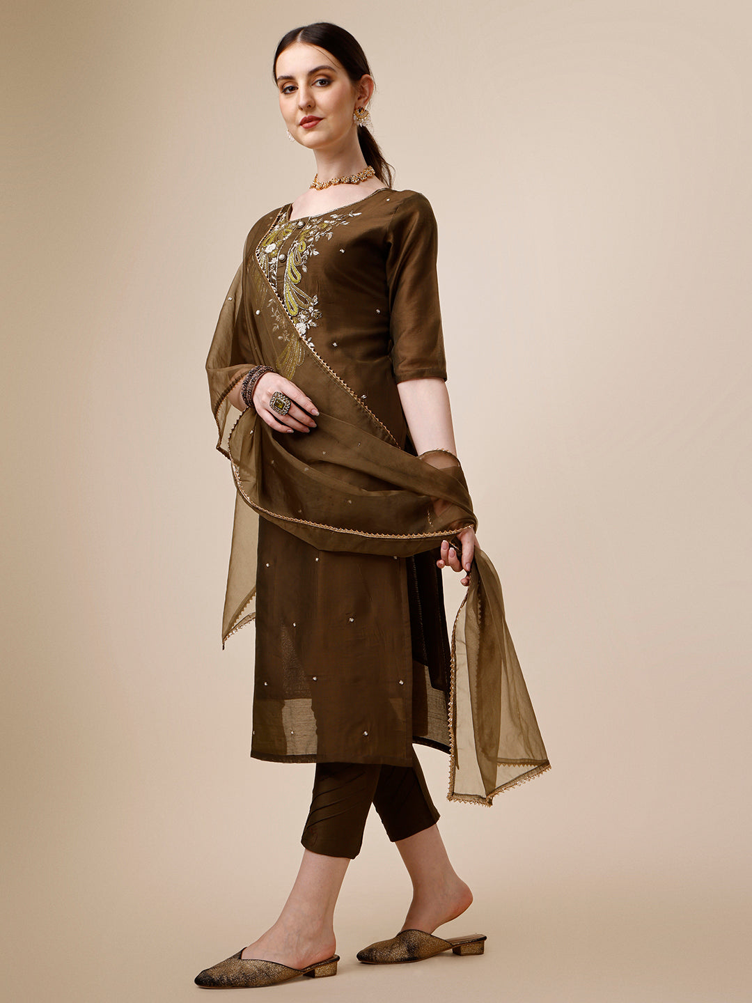 Embroidered Green Kurta with Pant and Dupatta Set